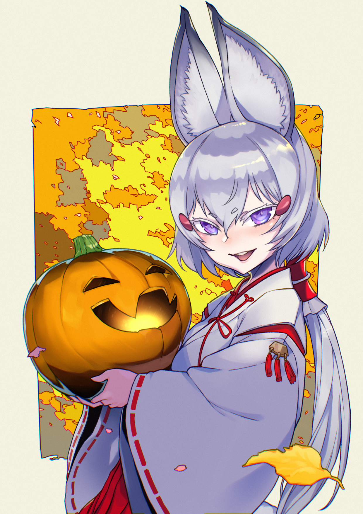 tresmarrow, tenma maemi, phase connect, highres, animal ears, colored eyelashes, fox ears, fox girl, hair between eyes, hakama, halloween, japanese clothes, long hair, long sleeves, miko, ponytail, pumpkin, purple eyes, red hakama, smile, tenma maemi (3rd costume), thick eyebrows, white hair, wide sleeves