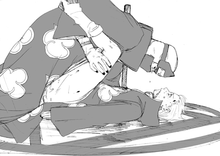 hidan (naruto), kakuzu (naruto), naruto (series), naruto shippuuden, artist request, lowres, 2boys, male focus, monochrome, multiple boys, yaoi