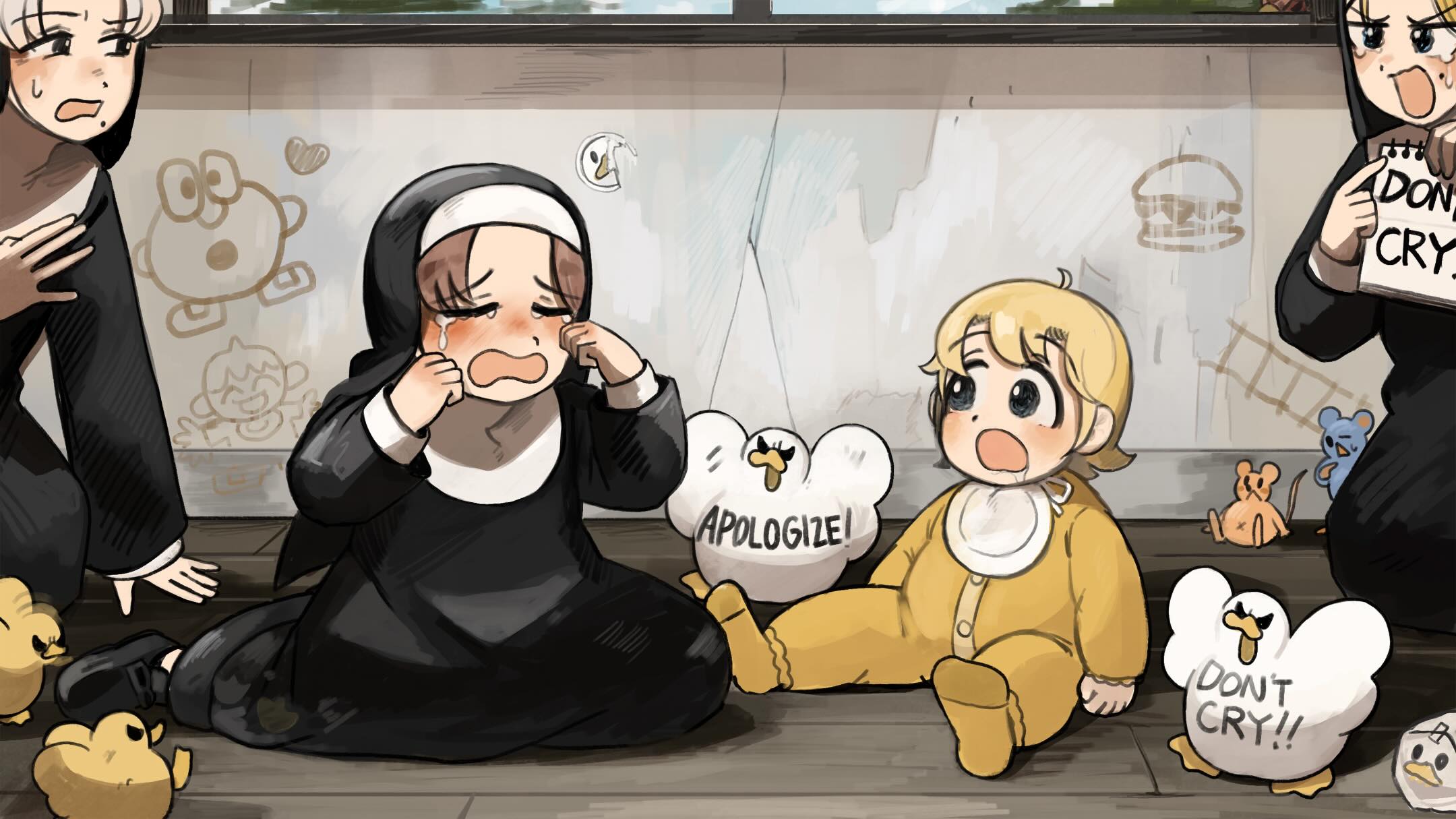 diva (hyxpk), clumsy nun (diva), hungry nun (diva), smug nun (diva), strict nun (diva), little nuns (diva), commentary, english commentary, highres, 4girls, aged down, angry, baby, baby animal, bib, bird, black shoes, blonde hair, blue eyes, blush, body writing, brown hair, chicken, closed eyes, crying, duck, duckling, english text, graffiti, grey hair, holding, holding notepad, mole, mole on cheek, mole under mouth, mouse (animal), multiple girls, note, notepad, nun, pointing, shoes, tearing up, tears, traditional nun