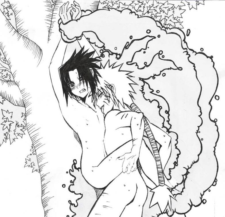 uchiha sasuke, uzumaki naruto, naruto (classic), naruto (series), artist request, 2boys, bdsm, bondage, bound, licking, male focus, monochrome, multiple boys, nature, outdoors, sex, yaoi