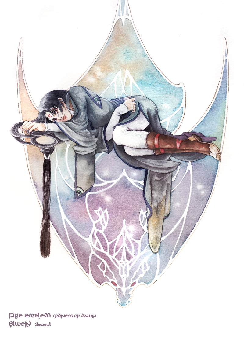 soren (fire emblem), fire emblem, fire emblem: radiant dawn, nintendo, commentary request, 1boy, bishounen, black hair, boots, closed mouth, copyright name, facial mark, forehead mark, full body, lips, long hair, lying, male focus, on side, red eyes, senehrio, solo, very long hair