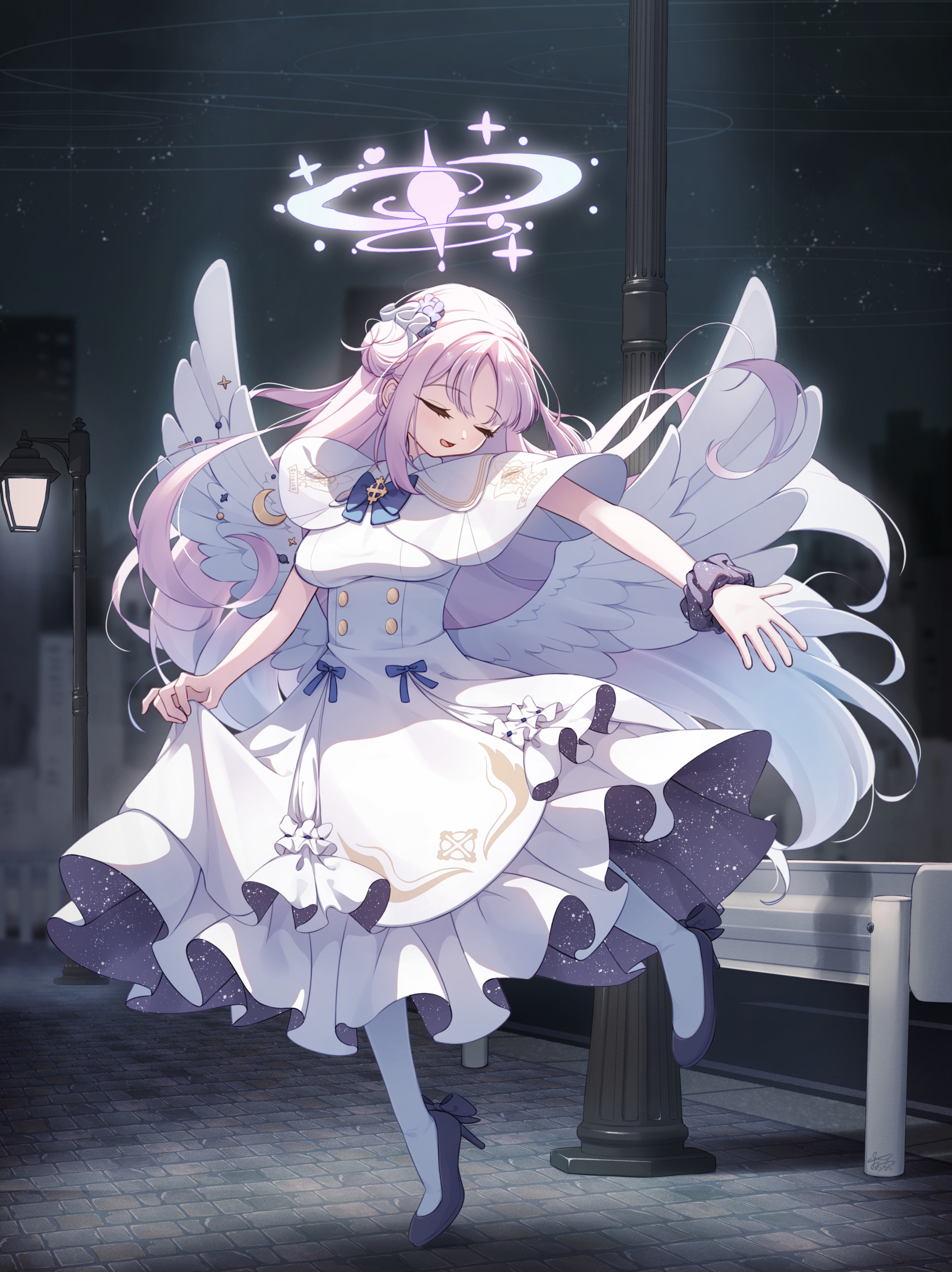 matchamassa, mika (blue archive), blue archive, absurdres, commentary request, highres, 1girl, angel wings, aqua hair, blonde hair, blue bow, blush, bow, capelet, closed eyes, crescent, dress, feathered wings, flower, gold trim, gradient hair, hair bun, hair flower, hair ornament, halo, high heels, lamppost, long hair, low wings, multicolored hair, night, outdoors, pink hair, pink halo, pumps, scrunchie, single hair bun, single side bun, smile, solo, very long hair, white capelet, white dress, white wings, wing ornament, wings, wrist scrunchie