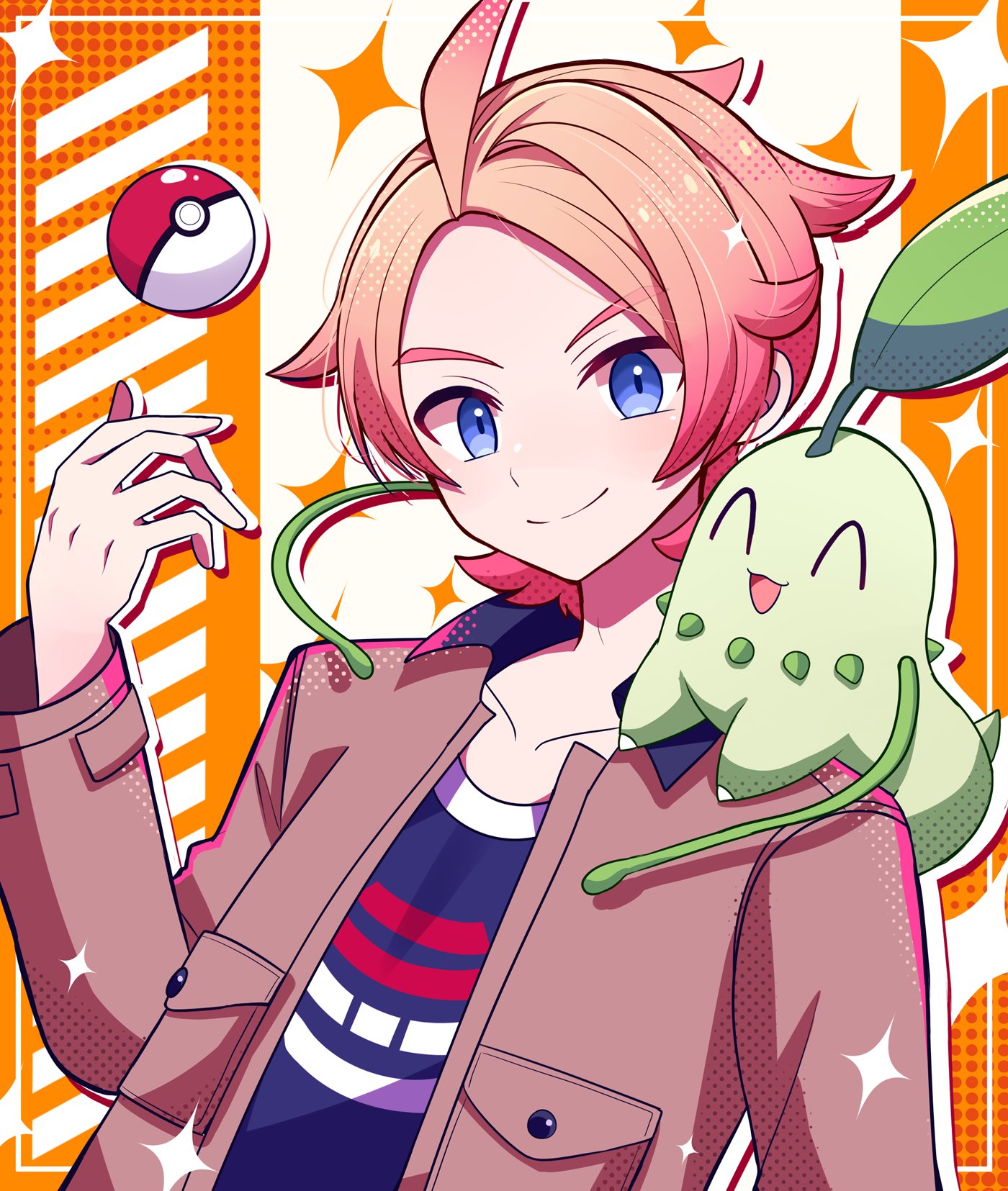 motiumai, chikorita, urbain (pokemon), nintendo, pokemon, pokemon legends: z-a, commentary request, highres, 1boy, ^ ^, ahoge, arm up, ben-day dots, blue eyes, closed eyes, closed mouth, collarbone, collared jacket, crew neck, dutch angle, gen 2 pokemon, gradient hair, inset border, jacket, leaf, long sleeves, looking at viewer, male focus, multicolored hair, on shoulder, open clothes, open jacket, open mouth, pink hair, poke ball, poke ball (basic), pokemon (creature), pokemon on shoulder, print shirt, screentones, shirt, short hair, smile, solo, sparkle, tongue, wing collar