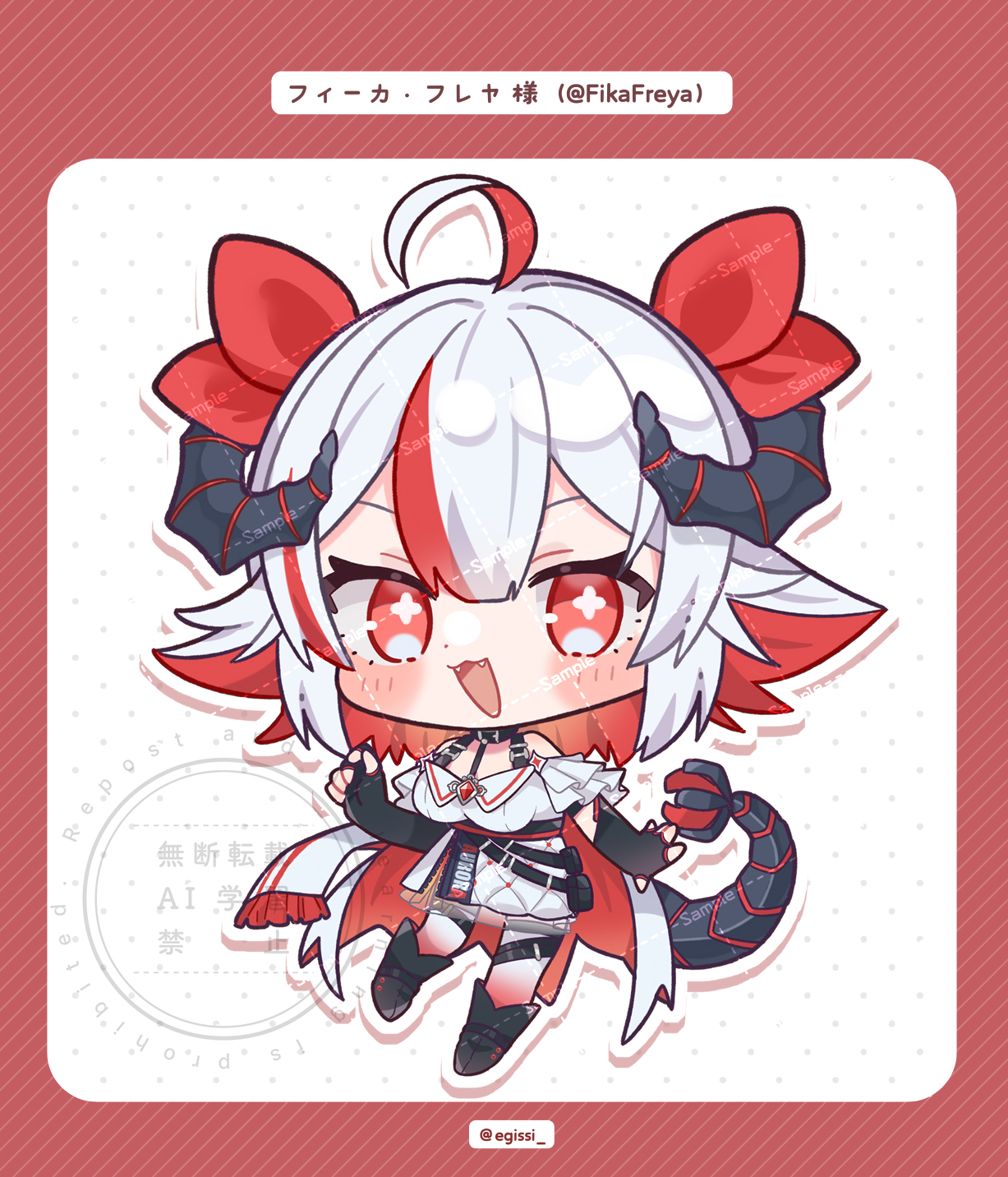 indie virtual youtuber, commentary request, highres, 1girl, :3, :d, ahoge, black boots, black gloves, black horns, blush stickers, boots, border, chibi, chibi only, double-parted bangs, dress, drop shadow, egissi, fangs, fika freya, fingerless gloves, full body, gloves, hair ribbon, horns, looking at viewer, multicolored hair, open mouth, outline, polka dot, polka dot background, red border, red eyes, red hair, red ribbon, ribbon, sample watermark, short sleeves, smile, solo, standing, streaked hair, tail, two-tone hair, virtual youtuber, watermark, watermark grid, white background, white dress, white hair, white outline