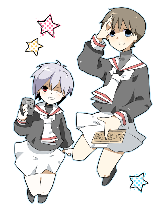 sa kuma, ikari shinji, nagisa kaworu, cardcaptor sakura, neon genesis evangelion, silver hair, bad id, bad pixiv id, 2boys, androgynous, camcorder, crossdressing, crossdressing (mtf), multiple boys, parody, school uniform, tomoeda middle school uniform, trap, video camera