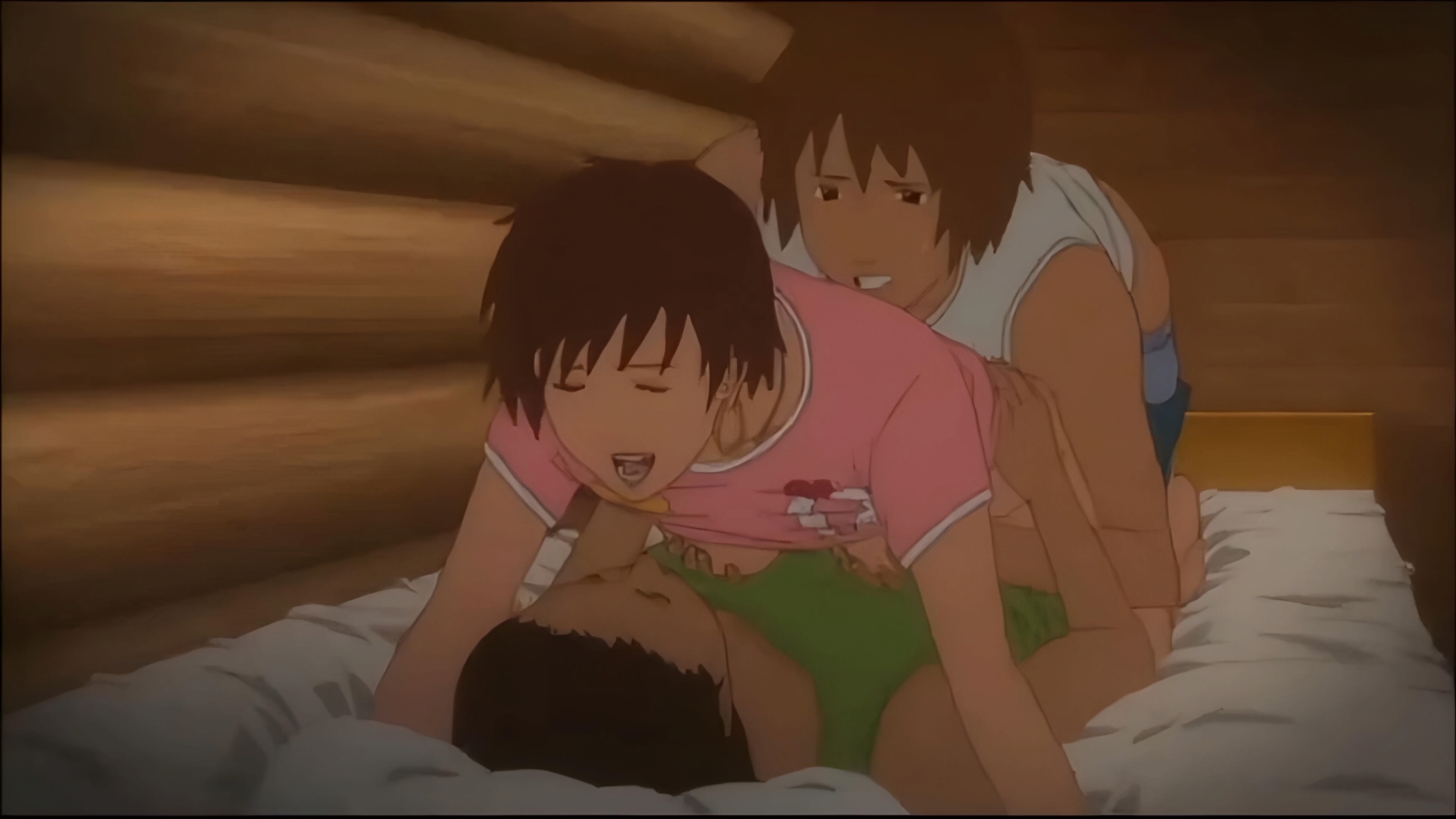 gyo (ova), absurdres, anime screenshot, highres, anal, bedroom, brown hair, clothed sex, double penetration, erika (ova), on bed, sex, vaginal