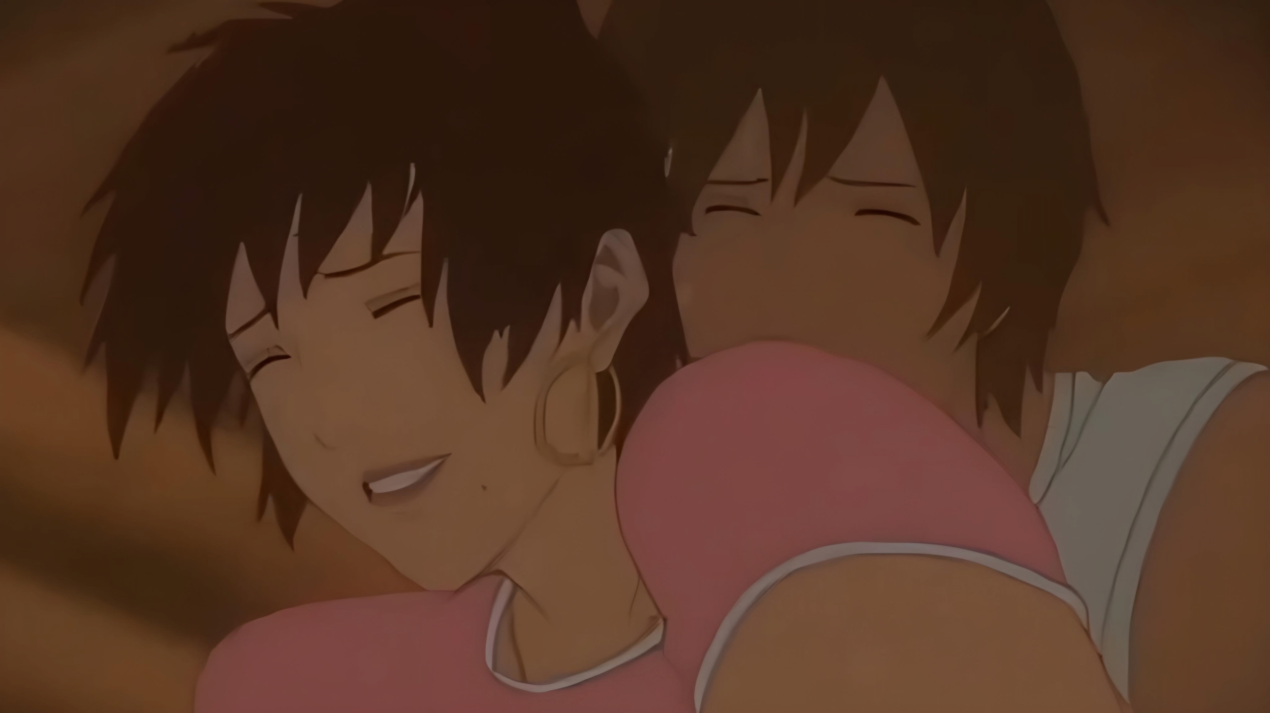 gyo (ova), absurdres, anime screenshot, highres, 1boy, 1girl, anal, brown hair, eirka (ova), from behind, on bed, sex, smile