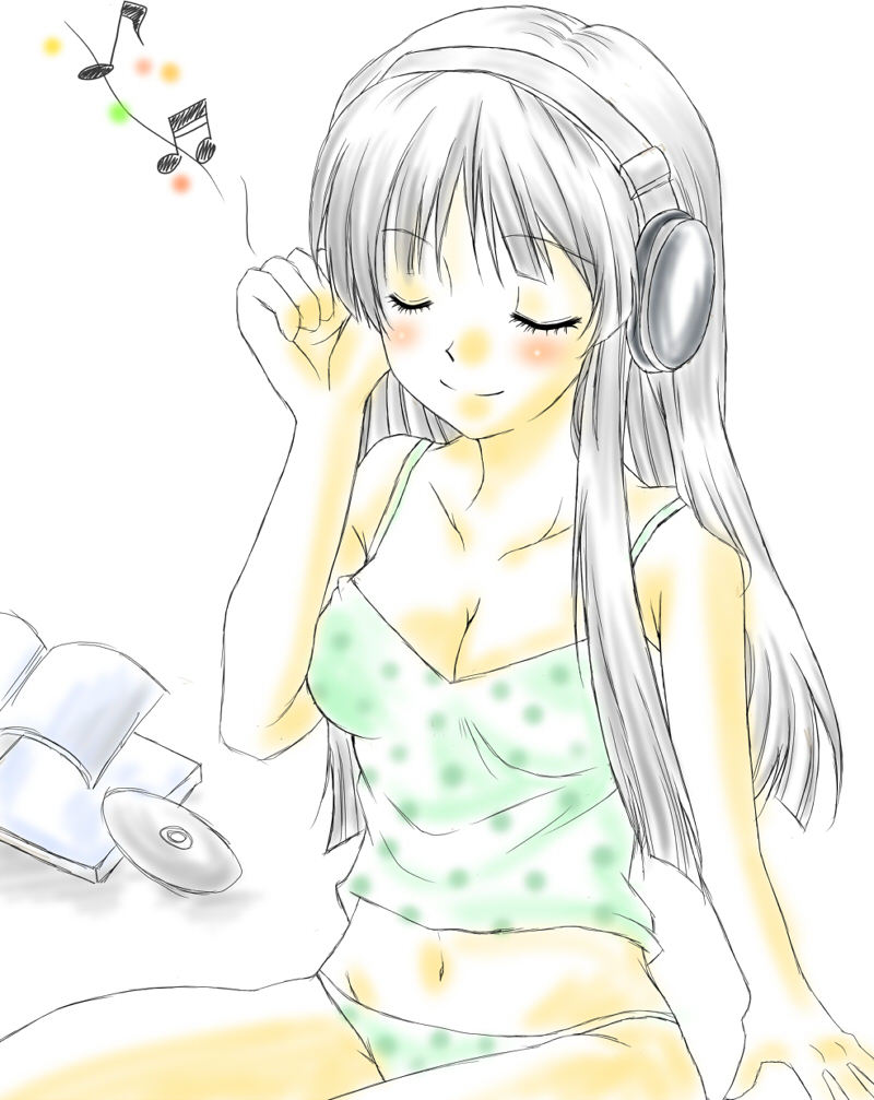 tomotan, akiyama mio, k-on!, 00s, 1girl, black hair, blunt bangs, blush, bra, breasts, camisole, cleavage, female focus, headphones, hime cut, long hair, panties, polka dot, polka dot panties, smile, solo, underwear, underwear only