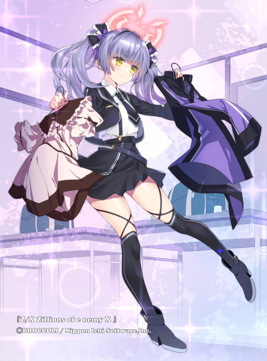z/x, highres, official art, 1girl, black jacket, black shoes, black skirt, black thighhighs, closed mouth, clothes hanger, copyright notice, halo, holding, holding clothes hanger, indoors, jacket, long hair, mystica sanctus, open clothes, open jacket, purple hair, shirt, shoes, skirt, solo, thighhighs, twintails, unworn clothes, white shirt, yellow eyes