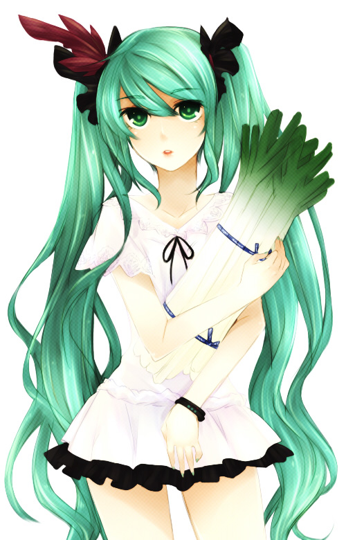 meimone, hatsune miku, vocaloid, world is mine (vocaloid), bad id, bad pixiv id, bracelet, green eyes, green hair, jewelry, lipstick, long hair, makeup, miniskirt, ribbon, skirt, solo, spring onion, twintails, very long hair