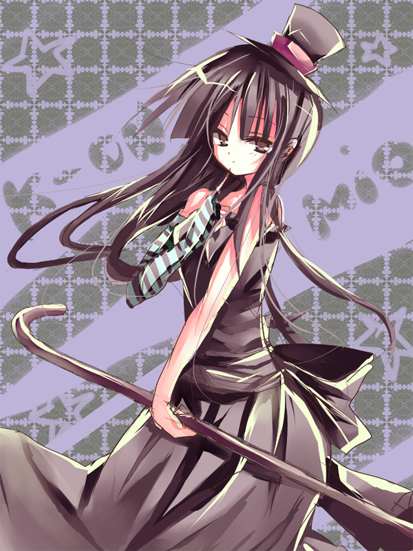 bikkuameron, akiyama mio, don't say "lazy", k-on!, bad id, bad pixiv id, 00s, 1girl, black hair, blunt bangs, brown eyes, cane, dress, elbow gloves, female focus, fingerless gloves, gloves, hat, hime cut, long hair, mini hat, mini top hat, solo, top hat