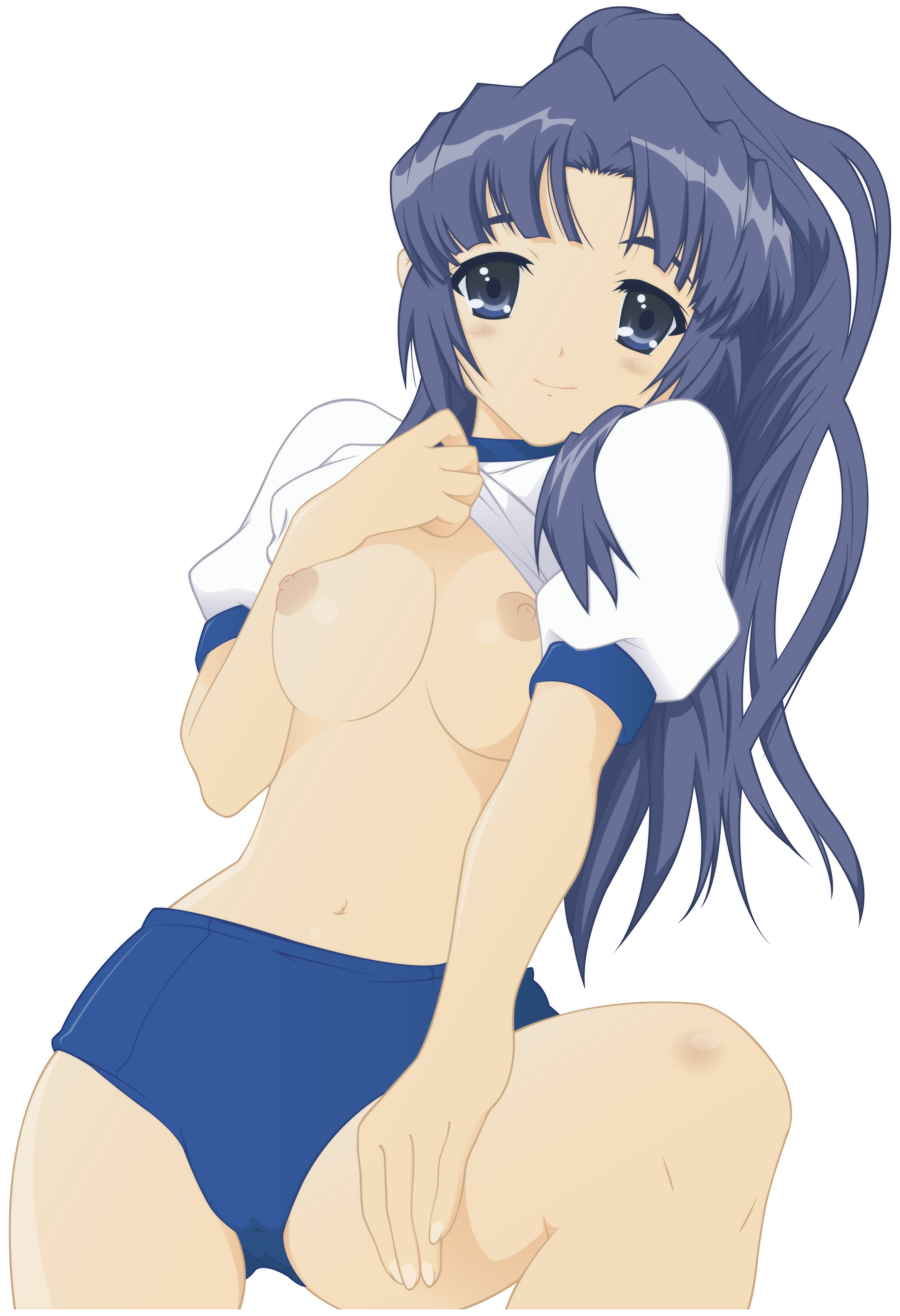 tim tim machine, asakura ryoko, suzumiya haruhi no yuuutsu, absurdres, derivative work, highres, vector trace, 00s, 1girl, blue eyes, blue hair, breasts, buruma, clothes lift, female focus, gym uniform, long hair, matching hair/eyes, nipples, ponytail, shirt lift, small breasts, smile, solo, transparent background