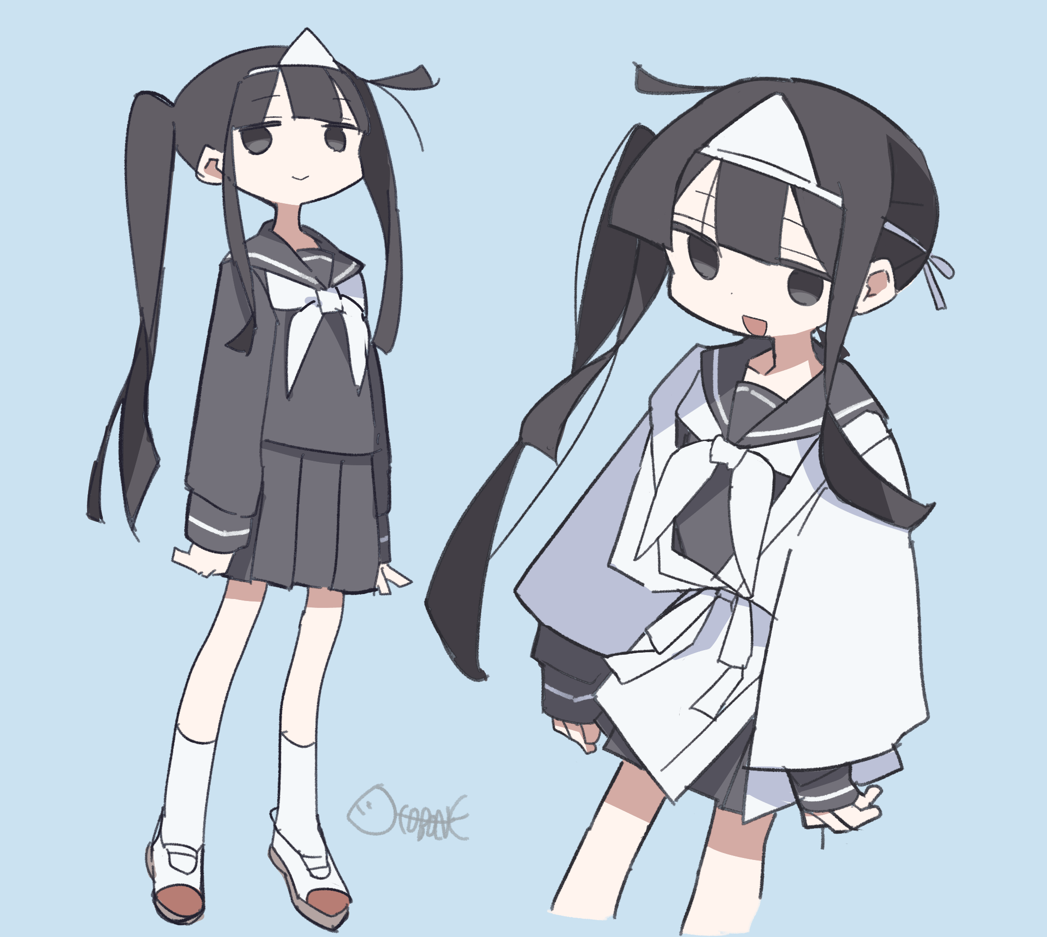 aida (aidia), original, highres, 1girl, black eyes, black hair, black sailor collar, black skirt, blue background, full body, headband, japanese clothes, kimono, long hair, long sleeves, multiple views, neckerchief, pleated skirt, sailor collar, school uniform, serafuku, shiroshouzoku, sidelocks, skirt, sleeves past wrists, smile, socks, triangular headpiece