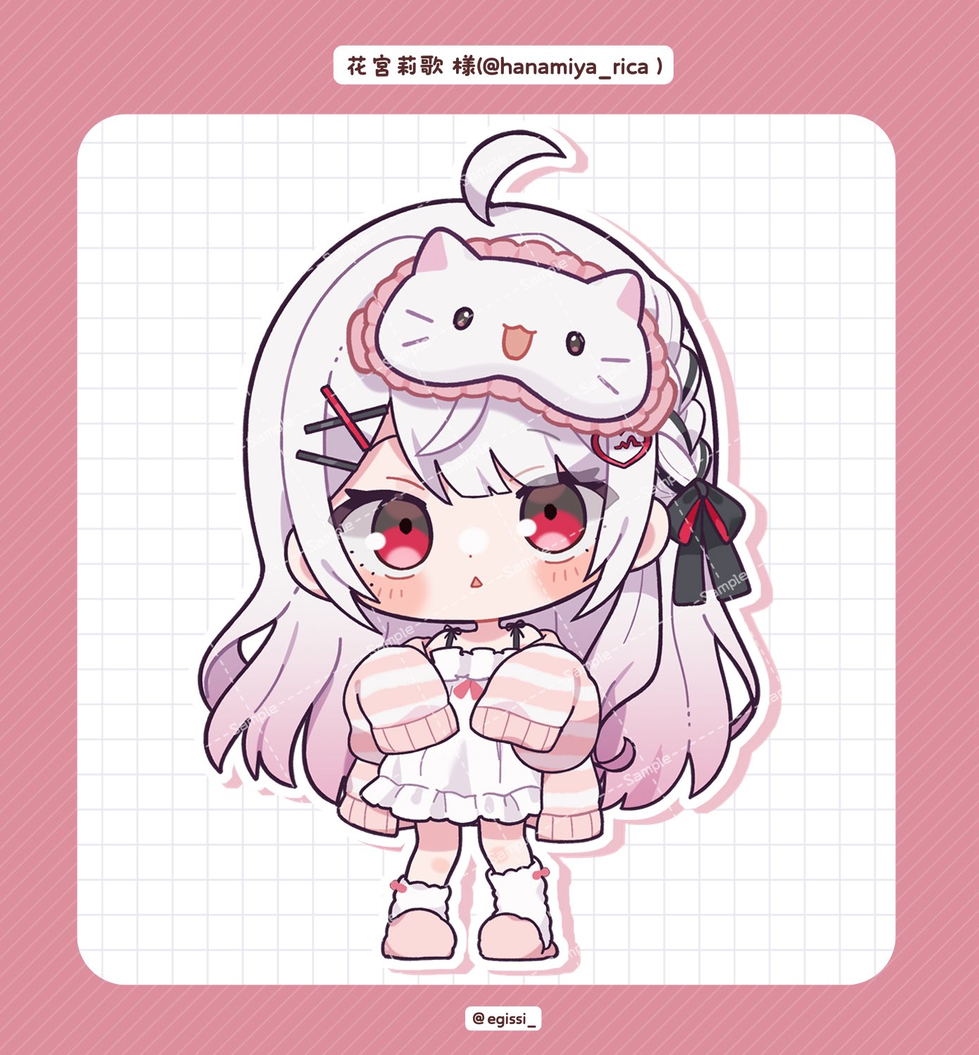 hanamiya rica, indie virtual youtuber, commentary request, highres, 1girl, black ribbon, blunt bangs, blush stickers, border, braid, cardigan, character name, chibi, chibi only, dot nose, dress, drop shadow, egissi, full body, grid background, hair ornament, hair ribbon, hands up, long hair, long sleeves, looking at viewer, off shoulder, open cardigan, open clothes, open mouth, outline, pink border, pink cardigan, pink slippers, red eyes, ribbon, sample watermark, sidelocks, sleeves past fingers, sleeves past wrists, slippers, socks, solo, standing, triangle mouth, twitter username, virtual youtuber, watermark, watermark grid, white background, white dress, white hair, white outline, white socks, x hair ornament