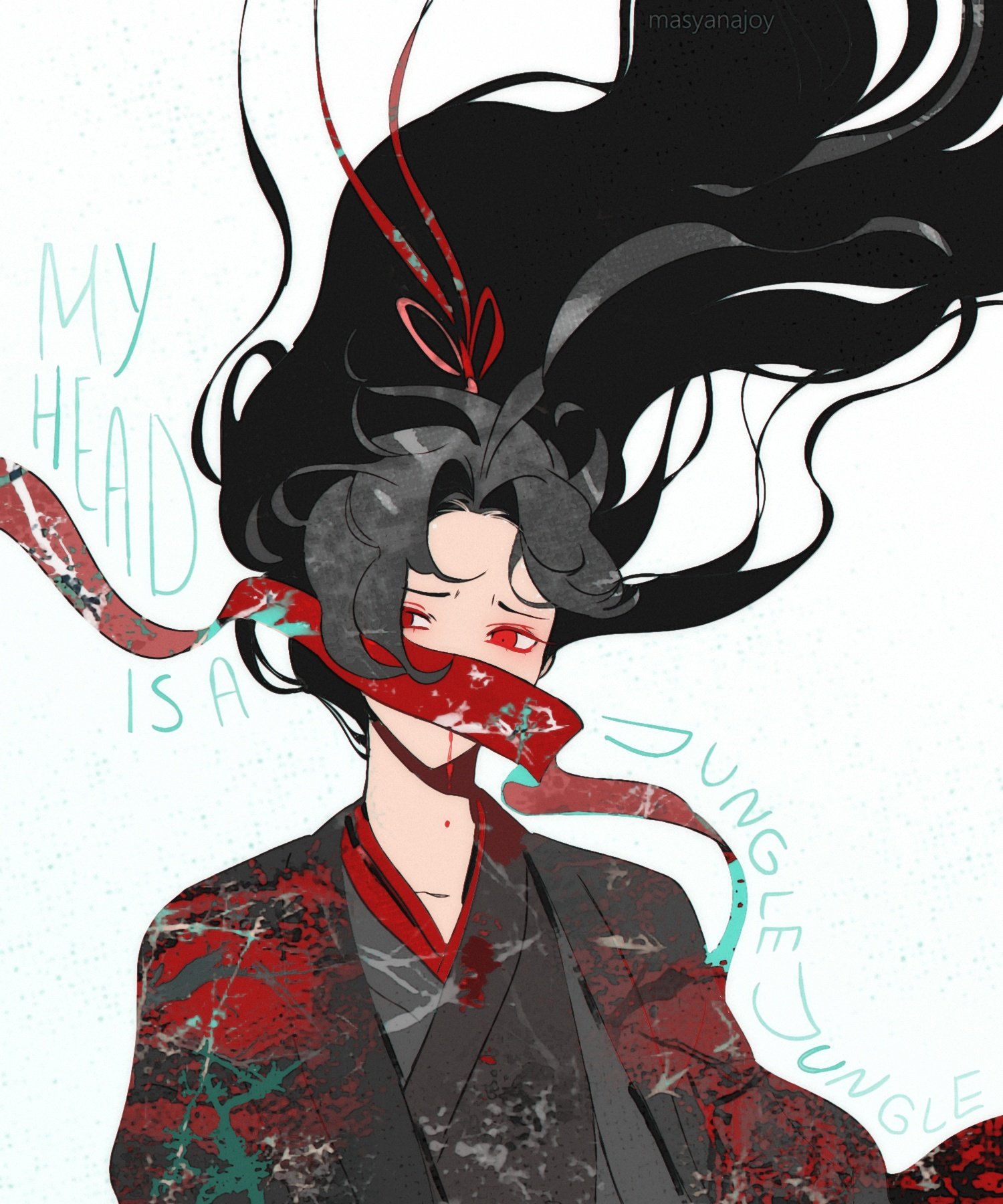 masyanajoy, wei wuxian, wei wuxian (yiling laozu), modao zushi, highres, 1boy, artist name, black hair, black hanfu, black robe, blood, blood from mouth, blood on clothes, bow, chinese clothes, color contrast, covered mouth, english text, floating hair, hair bow, hair ribbon, hanfu, long hair, looking at viewer, male focus, mask, mouth mask, red eyes, red ribbon, red robe, ribbon, robe, simple background, solo, upper body, very long hair, white background