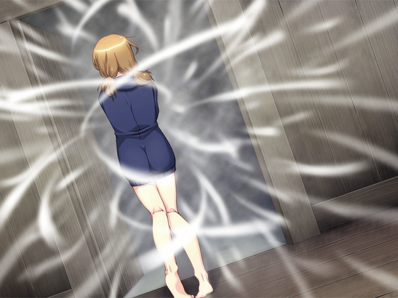 abe ryouko (kankin koukan), eroge honpo, kankin koukan, game cg, 1girl, barefoot, female focus, from behind, jacket, snow, solo