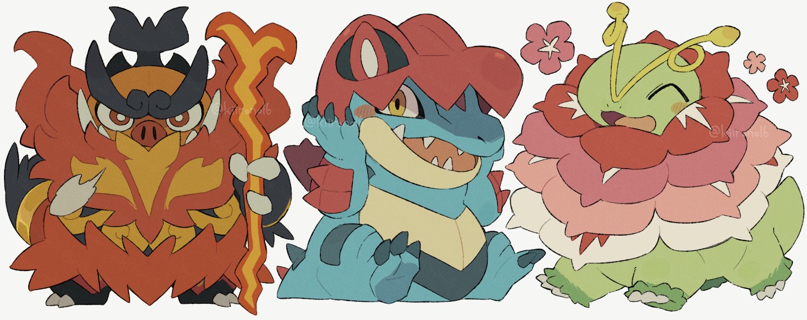 kiirono, emboar, feraligatr, mega emboar, mega feraligatr, mega meganium, meganium, nintendo, pokemon, pokemon legends: z-a, commentary request, highres, ^ ^, antennae, arms up, blue skin, claws, closed eyes, colored skin, fire, flower, full body, gen 2 pokemon, gen 5 pokemon, green skin, holding, holding staff, hood, looking at viewer, mega pokemon, no humans, open mouth, pink flower, pokemon (creature), pokemon focus, red eyes, red flower, sanpaku, sharp teeth, simple background, sitting, sparkle, sparkling aura, staff, standing, teeth, tongue, tusks, white background, white flower, yellow eyes