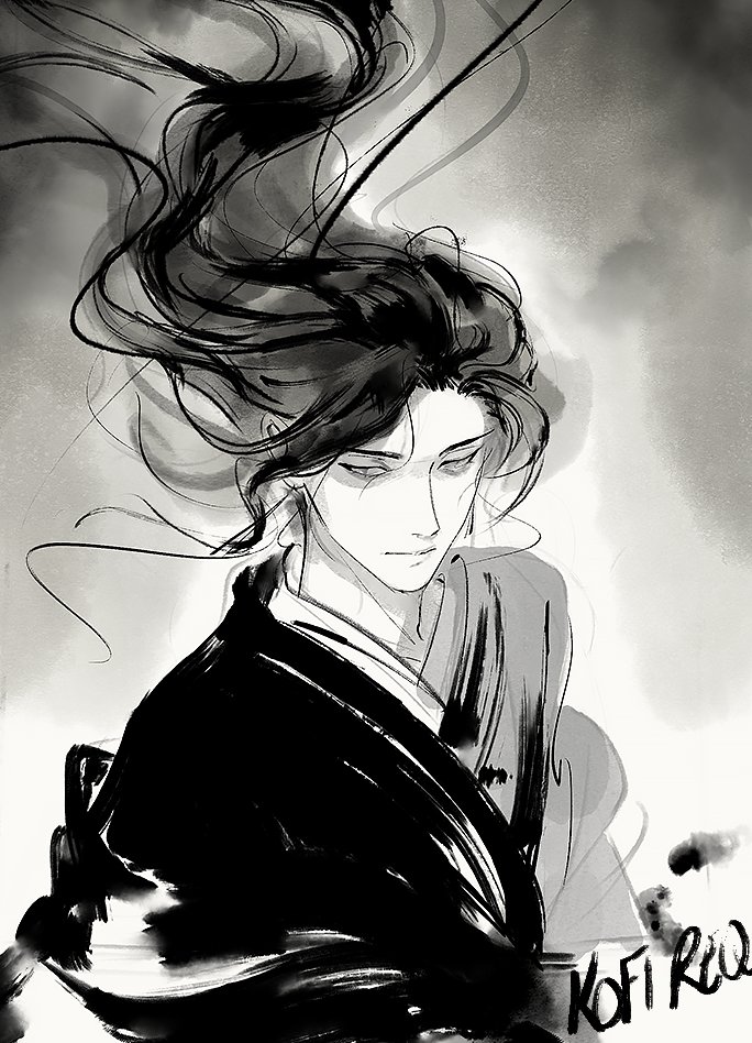 kkcoocool, he xuan, tianguan cifu, commentary, english commentary, 1boy, abstract background, black hair, black hanfu, chinese clothes, closed mouth, floating hair, frown, greyscale, hanfu, layered clothes, long hair, long sleeves, looking at viewer, looking to the side, male focus, monochrome, painterly, solo, upper body, white eyes, wide sleeves