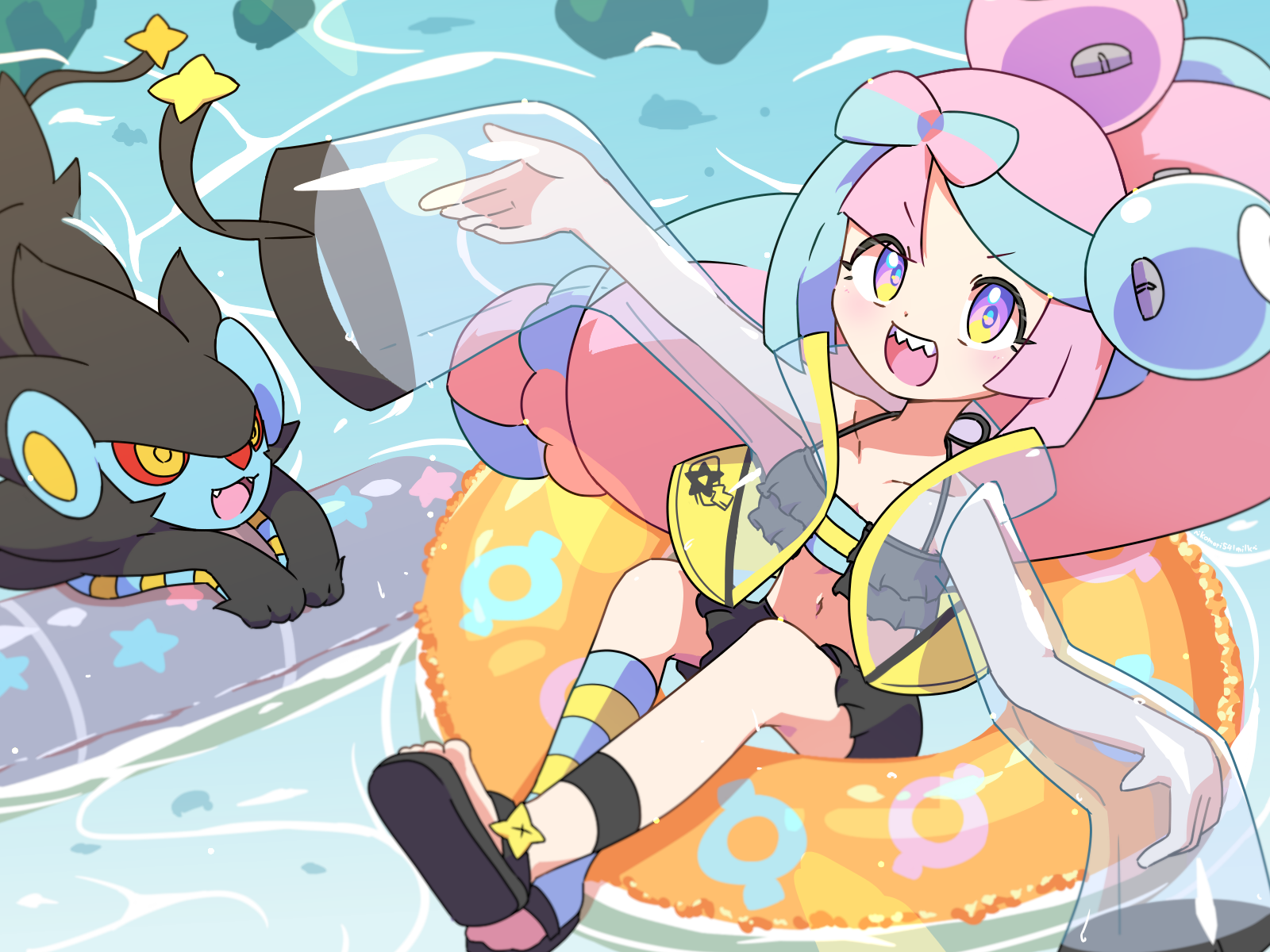 komori541milk, iono (pokemon), nintendo, pokemon, pokemon sv, highres, 1girl, alternate costume, bow-shaped hair, multicolored hair, pink hair, sleeves past fingers, sleeves past wrists, teeth, two-tone hair