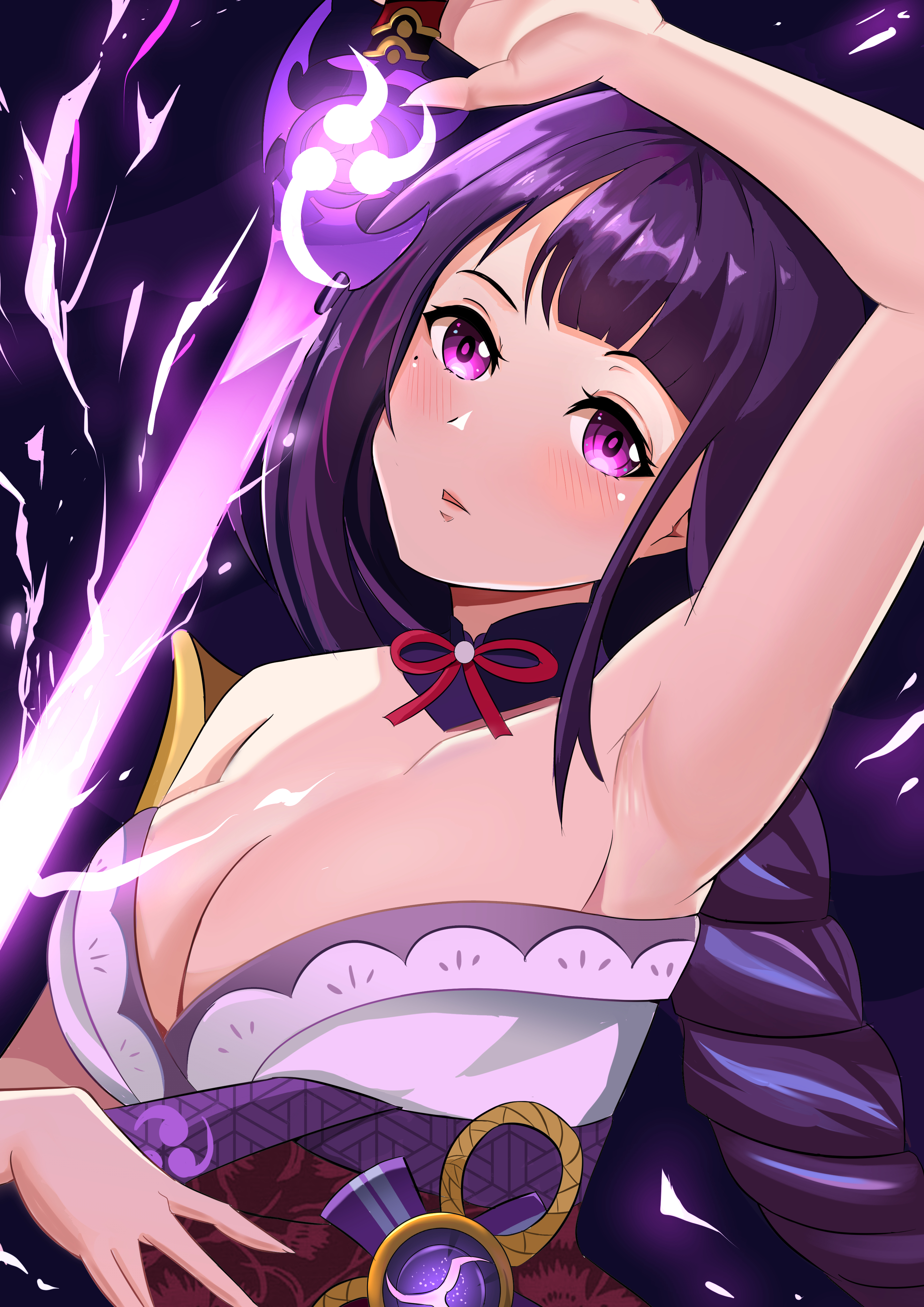 jpno, raiden shogun, genshin impact, absurdres, highres, mixed-language commentary, 1girl, arm up, armor, armpits, bare shoulders, blunt bangs, blush, braid, breasts, cleavage, collarbone, electricity, electro symbol (genshin impact), from side, glowing, head tilt, holding, holding sword, holding weapon, japanese clothes, katana, kimono, large breasts, leaning to the side, long braid, long hair, looking at viewer, mitsudomoe (shape), mole, mole under eye, multicolored hair, musou isshin (genshin impact), neck ribbon, off shoulder, open mouth, purple background, purple eyes, purple hair, purple kimono, red ribbon, red sash, ribbon, sash, shade, shoulder armor, simple background, single braid, solo, streaked hair, sword, tomoe (symbol), upper body, weapon