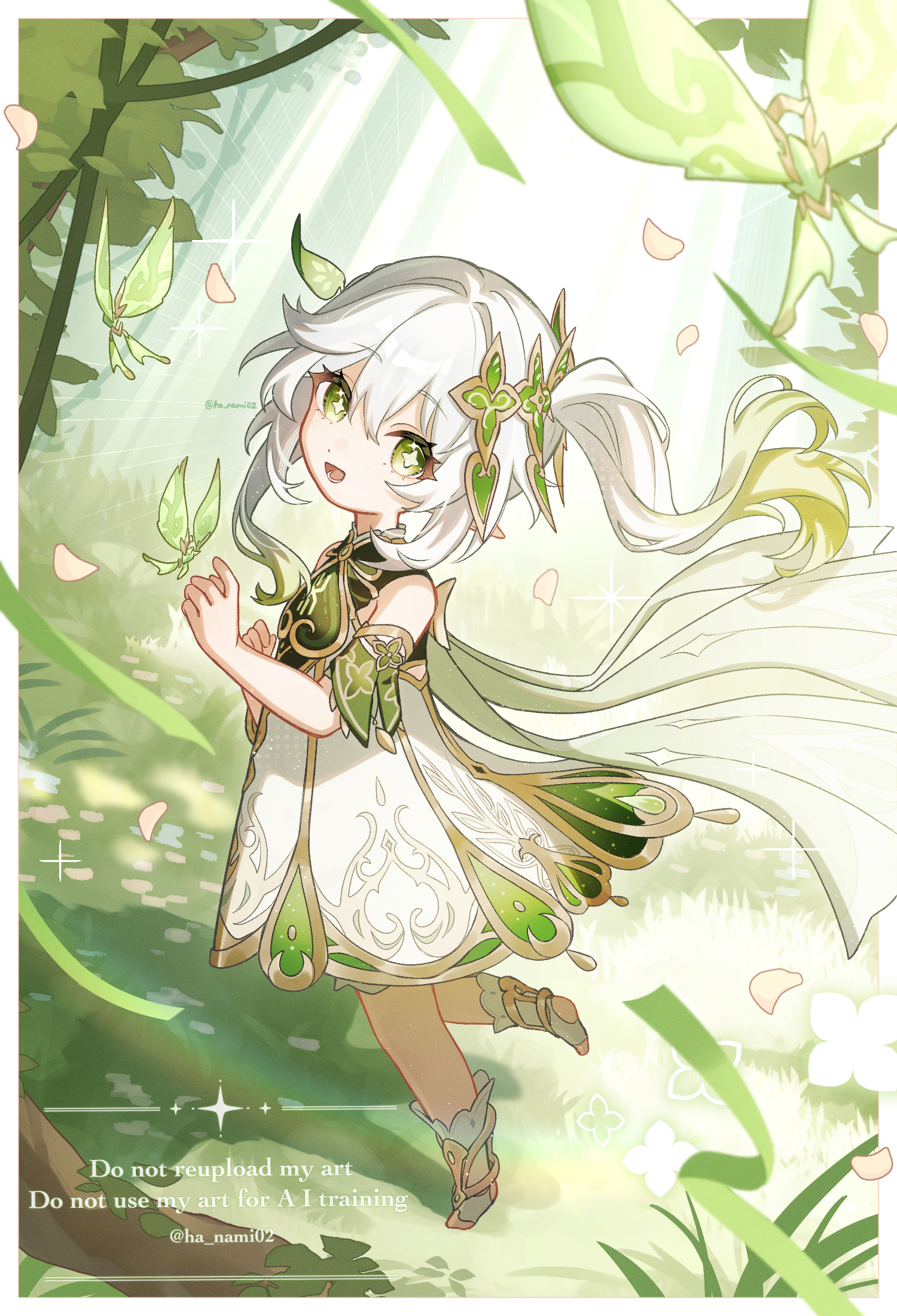 hana (nemukunai87), crystalfly (genshin impact), nahida (genshin impact), genshin impact, commentary request, highres, 1girl, bare shoulders, cape, day, detached sleeves, dress, from side, gold trim, gradient hair, green cape, green eyes, green hair, green sleeves, hair between eyes, hair ornament, leaf hair ornament, long hair, looking at viewer, looking to the side, lower teeth only, multicolored hair, open mouth, outdoors, pointy ears, side ponytail, sleeveless, sleeveless dress, solo, star-shaped pupils, star (symbol), stirrup legwear, symbol-shaped pupils, teeth, toeless legwear, white dress, white hair