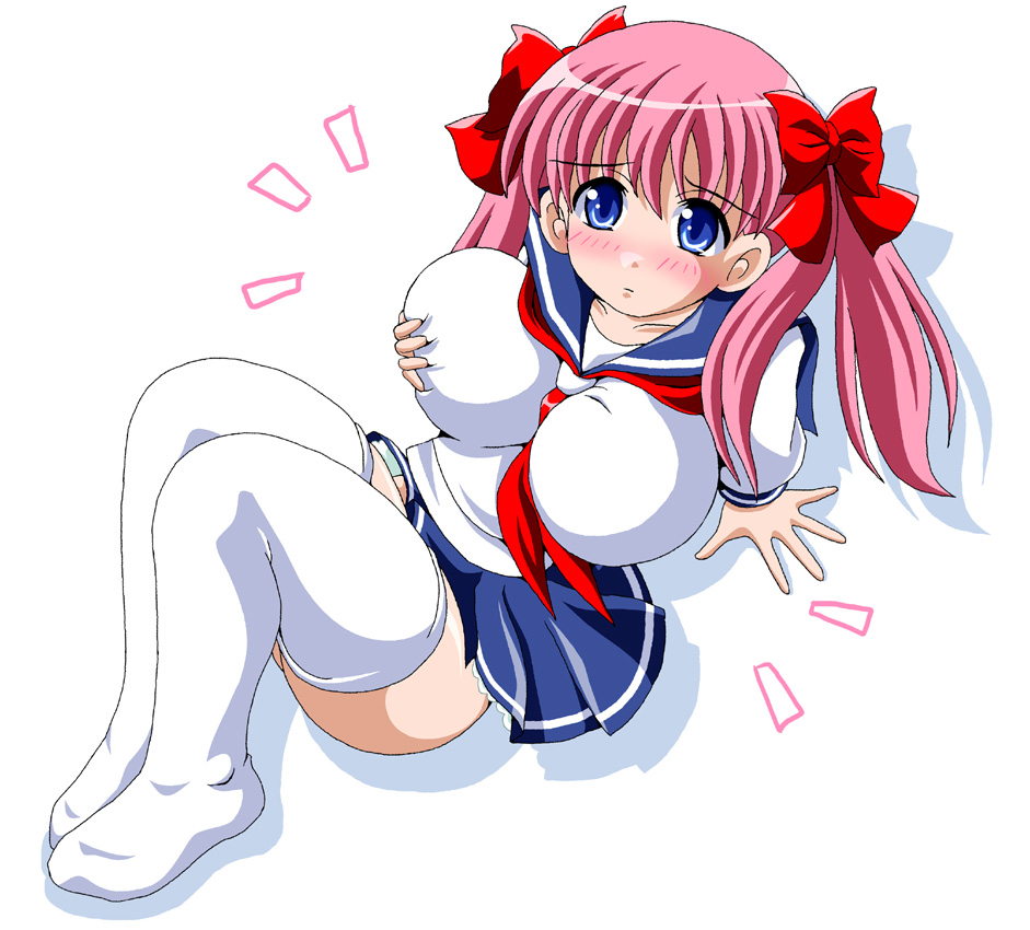 imai kazunari, haramura nodoka, saki (manga), bad id, bad pixiv id, 00s, 1girl, blue eyes, blush, bow, breasts, female focus, grabbing another's breast, groping, hair bow, large breasts, long hair, pink hair, school uniform, serafuku, sitting, solo, thighhighs, twintails, zettai ryouiki