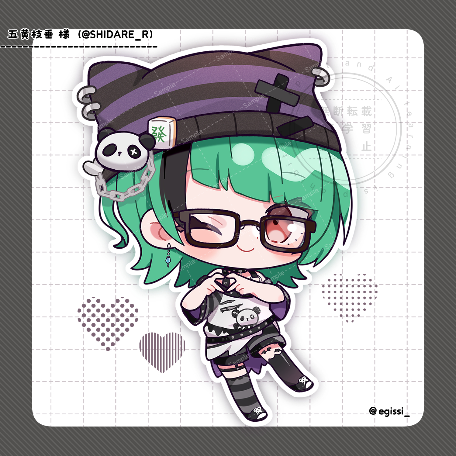 indie virtual youtuber, commentary request, highres, 1girl, ;), black-framed eyewear, black border, black shoes, black shorts, black thighhighs, blunt bangs, blush stickers, border, character name, chibi, chibi only, closed mouth, earrings, egissi, four-finger heart hands, full body, glasses, gokou shidare, green hair, grid background, hat, heart, heart hands, jewelry, looking at viewer, one eye closed, outline, purple hat, red eyes, sample watermark, shirt, shoes, short hair, short sleeves, shorts, smile, sneakers, solo, standing, striped clothes, striped hat, striped sleeves, striped thighhighs, thighhighs, twitter username, virtual youtuber, watermark, watermark grid, white background, white outline, white shirt
