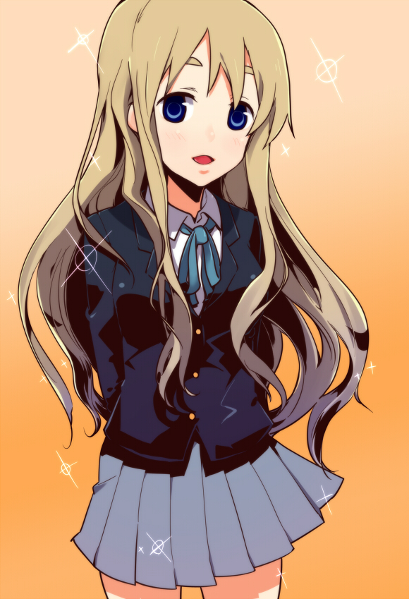 jin (crocus), kotobuki tsumugi, k-on!, bad id, bad pixiv id, 00s, 1girl, blonde hair, blue eyes, female focus, gradient background, long hair, school uniform, solo, sparkle