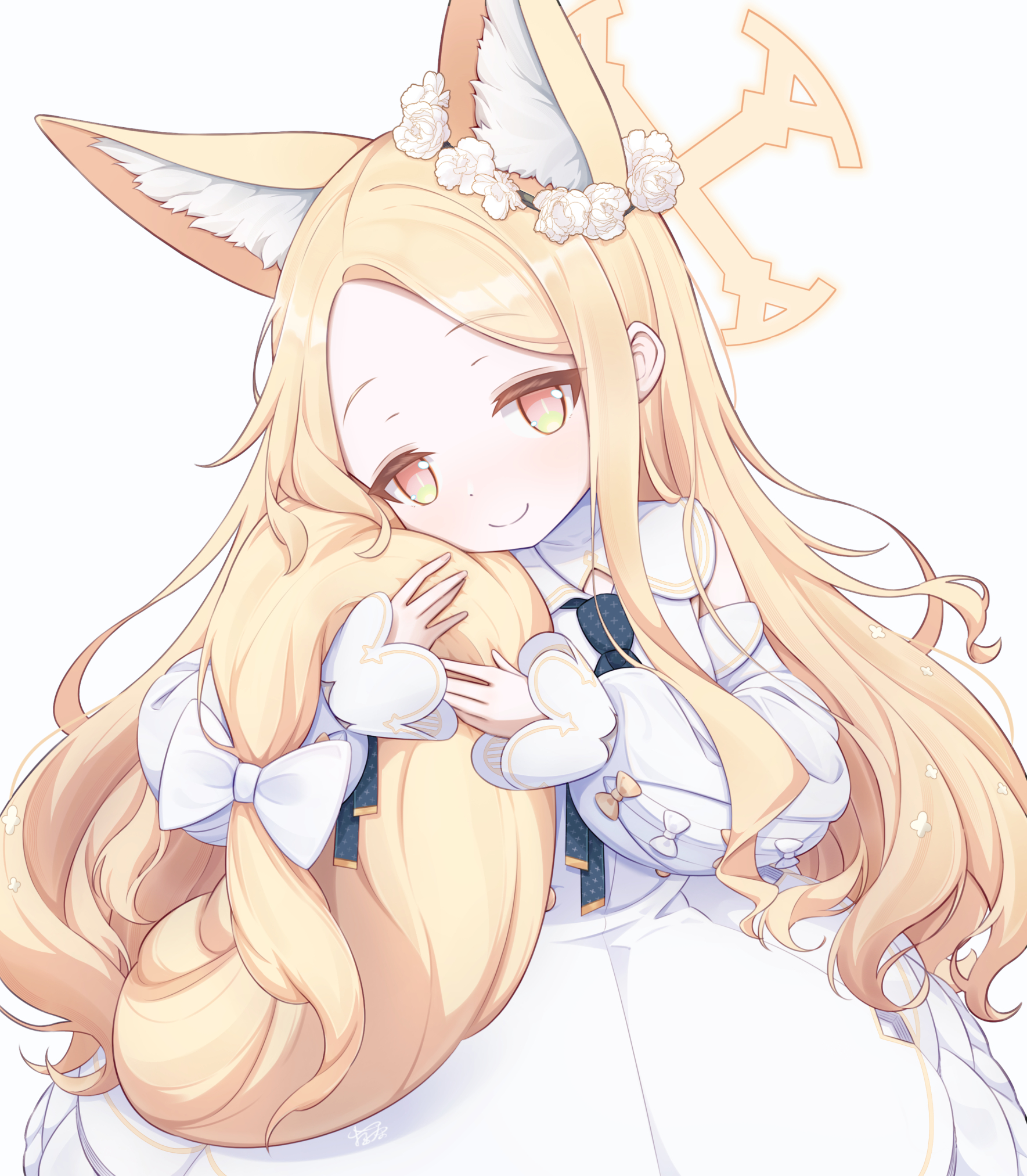 matchamassa, seia (blue archive), blue archive, highres, 1girl, animal ear fluff, animal ears, black necktie, bow, capelet, closed mouth, detached sleeves, dress, flower, forehead, fox ears, fox girl, fox tail, gold trim, hair flower, hair ornament, halo, holding, holding own tail, light blush, long hair, long sleeves, looking at viewer, necktie, pink eyes, simple background, sleeveless, sleeveless dress, smile, solo, tail, white background, white bow, white capelet, white dress, white flower, yellow halo