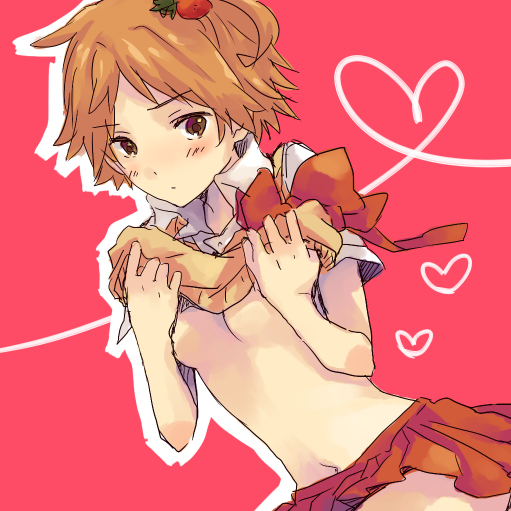tayako, hanamura yousuke, atlus, persona, persona 4, bad id, bad pixiv id, 1girl, breasts, brown hair, clothes lift, female focus, food, food-themed clothes, food-themed hair ornament, fruit, genderswap, genderswap (mtf), hair ornament, medium breasts, school uniform, shirt lift, short hair, skirt, solo, strawberry, strawberry hair ornament