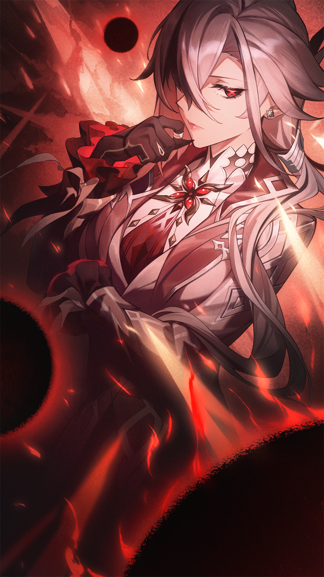 red-d, arlecchino (genshin impact), genshin impact, highres, 1girl, arm under breasts, black eyes, black hair, black hands, closed mouth, colored extremities, ear piercing, grey hair, grey jacket, hair between eyes, hand up, jacket, lips, long hair, looking at viewer, multicolored hair, piercing, red pupils, solo, streaked hair, symbol-shaped pupils, upper body, x-shaped pupils