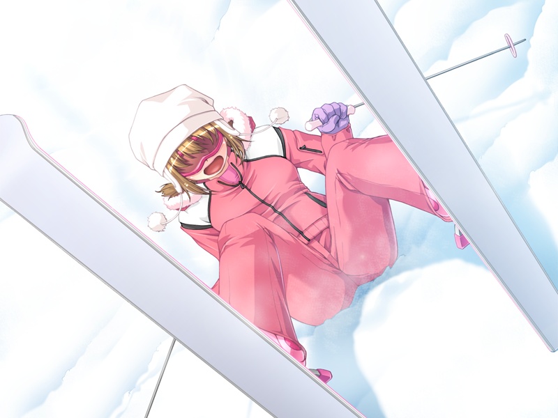 abe ryouko (kankin koukan), eroge honpo, kankin koukan, game cg, 1girl, female focus, goggles, sitting, skis, solo, sportswear