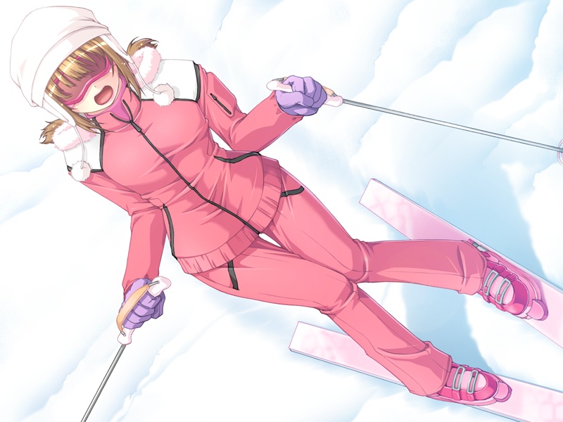 abe ryouko (kankin koukan), eroge honpo, kankin koukan, game cg, 1girl, female focus, goggles, skis, snow, solo, sportswear