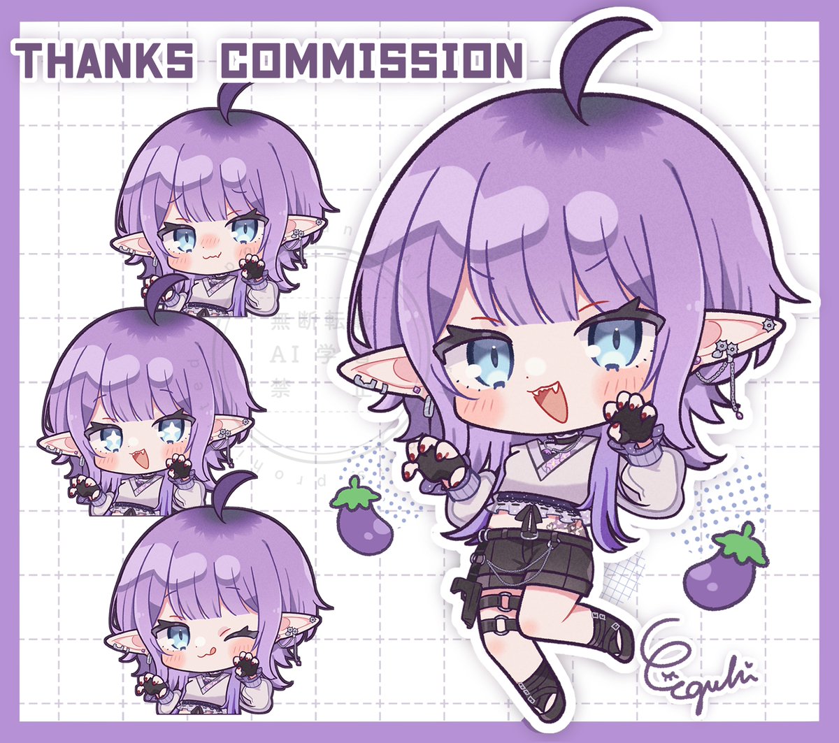 indie virtual youtuber, commentary, commission, skeb commission, 1girl, :3, :d, ;3, ;q, ahoge, black gloves, black shoes, black shorts, blunt bangs, blush stickers, claw pose, closed mouth, dot nose, ear piercing, eggplant, egissi, fangs, fingerless gloves, full body, gloves, grid background, hands up, long hair, long sleeves, looking at viewer, multiple thigh straps, multiple views, nasu sanbou, one eye closed, open mouth, piercing, pointy ears, purple hair, shirt, shoes, shorts, signature, smile, standing, standing on one leg, teeth, tongue, tongue out, upper teeth only, virtual youtuber, watermark, white background, white shirt