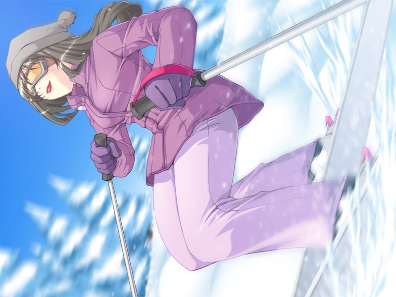 fukuda saori, eroge honpo, kankin koukan, game cg, 1girl, female focus, goggles, skis, sky, snow, solo, sportswear