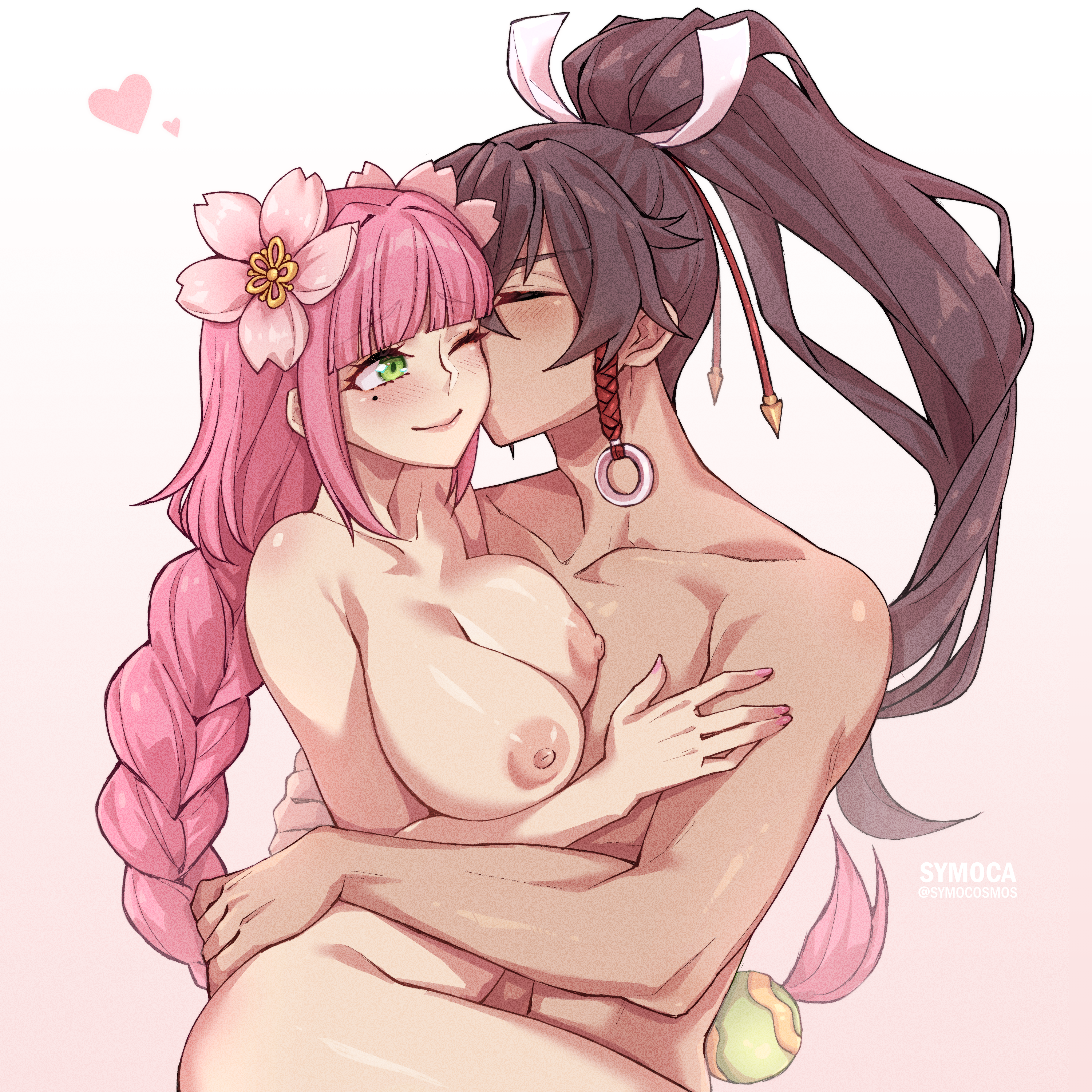 symoca, subaru (rune factory), ulalaka, rune factory, rune factory: guardians of azuma, absurdres, commission, commissioner upload, highres, 1boy, 1girl, braid, breasts, brown hair, closed eyes, completely nude, flower, green eyes, hair flower, hair ornament, hetero, kiss, kissing cheek, large breasts, long hair, nipples, nude, one eye closed, pink hair, ponytail, smile