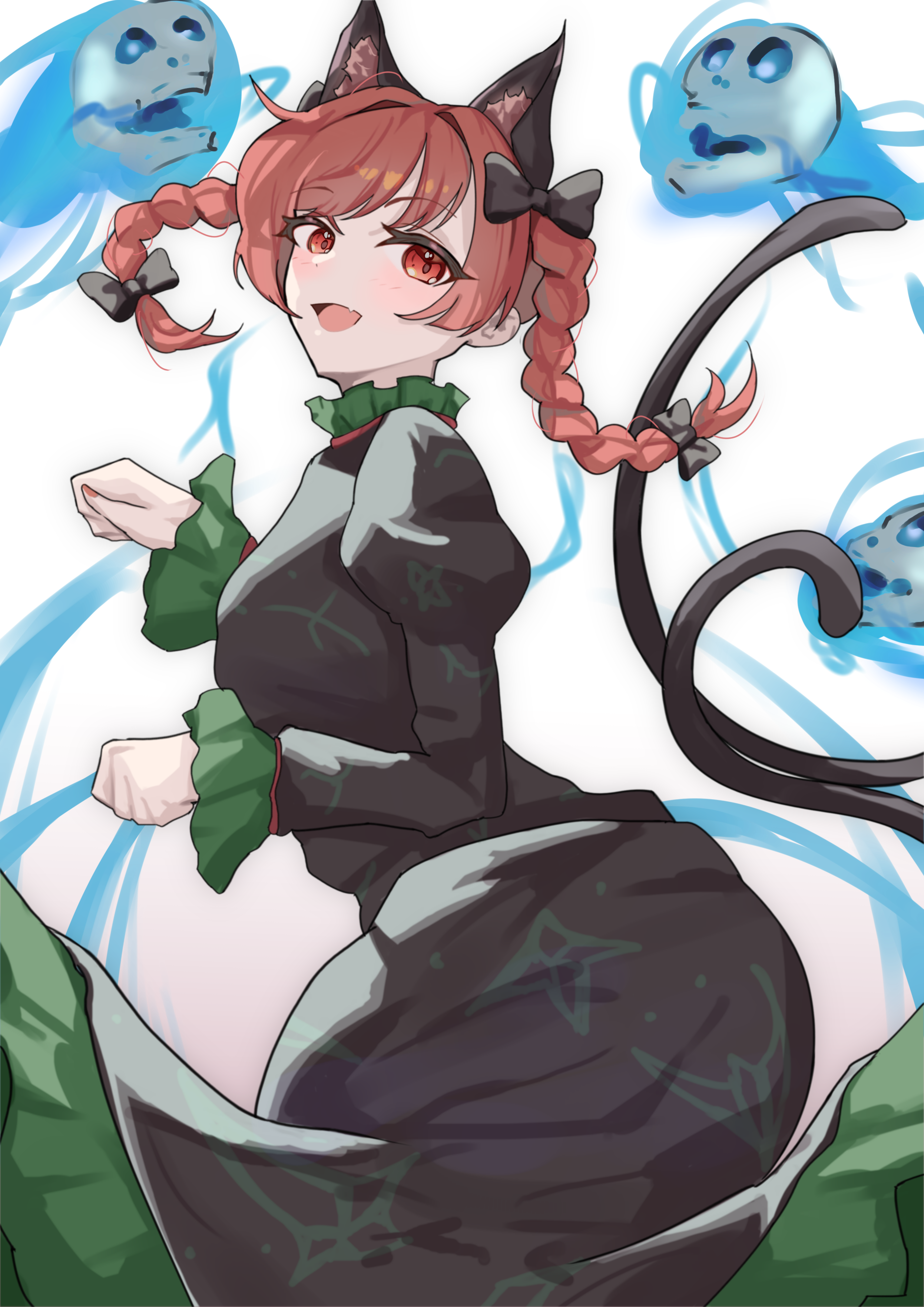 kaenbyou rin, touhou, absurdres, commentary, highres, 1girl, animal ears, blush, bow, braid, breasts, cat ears, cat tail, dress, extra ears, floating skull, hair bow, long hair, long sleeves, looking at viewer, multiple tails, open mouth, red eyes, red hair, ribbon, short hair, skull, smile, solo, suzukiairi0001, tail, twin braids