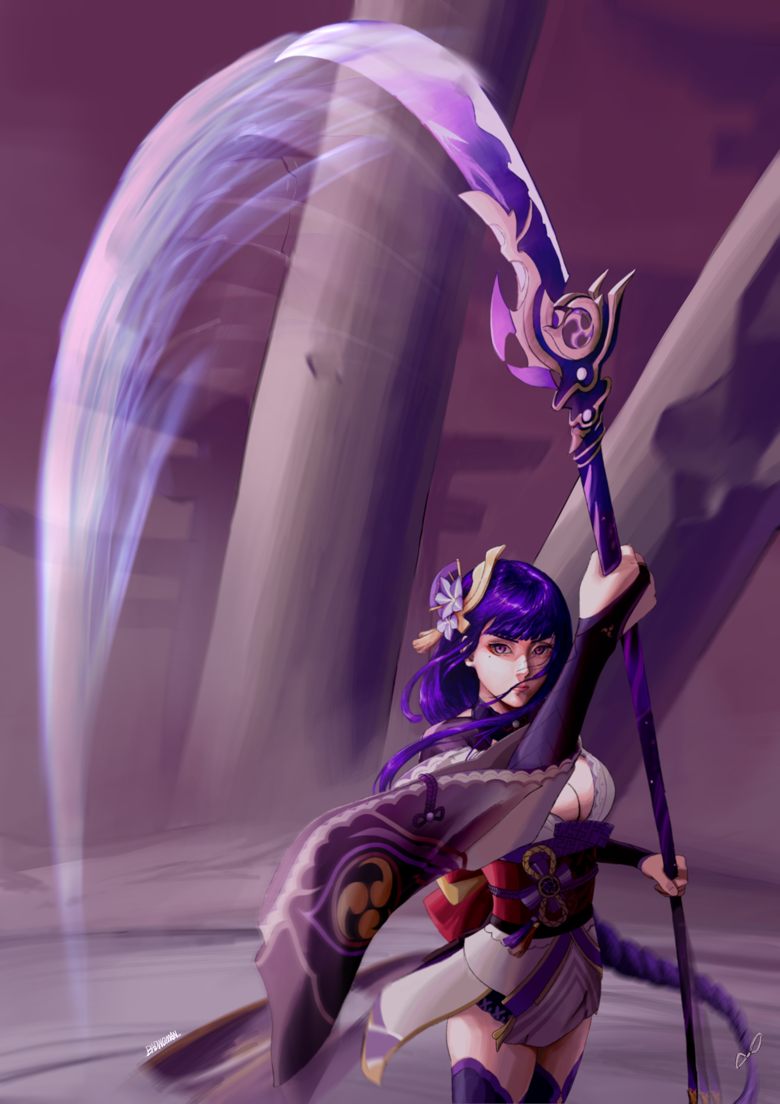 raiden shogun, genshin impact, absurdres, commentary, english commentary, highres, 1girl, asymmetrical sleeves, attack trail, blunt bangs, blurry, blurry background, braid, breasts, bridal gauntlets, cleavage, closed mouth, clothing cutout, depth of field, engulfing lightning (genshin impact), eyeliner, fan hair ornament, flower, flower ornament, hair ornament, hair ribbon, holding, holding polearm, holding weapon, japanese clothes, kimono, large breasts, lingerie, long hair, long ribbon, makeup, mitsudomoe (shape), mole, mole under mouth, off shoulder, pillar, polearm, purple background, purple eyes, purple flower, purple hair, purple kimono, purple ribbon, purple thighhighs, ran19980912, red eyeliner, red sash, ribbon, sash, shade, shoulder cutout, single braid, slashing, solo, standing, swinging weapon, thighhighs, thighs, tomoe (symbol), underwear, uneven sleeves, upper body, weapon, wide sleeves