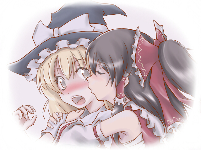 ao usagi, hakurei reimu, kirisame marisa, touhou, 2girls, black hair, blonde hair, blush, bow, detached sleeves, female focus, hair bow, hat, japanese clothes, kiss, kissing cheek, miko, multiple girls, sarashi, surprised, witch, witch hat, yuri