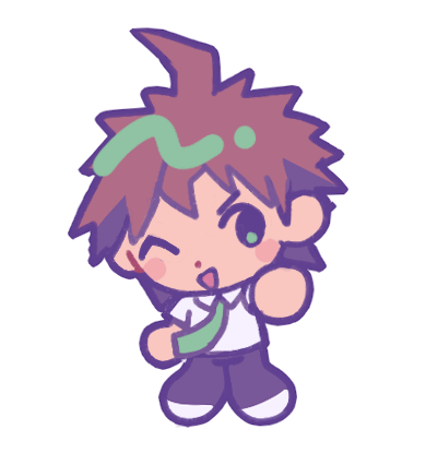 hinata hajime, danganronpa (series), danganronpa 2: goodbye despair, commentary, english commentary, lowres, 1boy, ahoge, blush, blush stickers, brown hair, catp0sse, chibi, chibi only, collared shirt, dot nose, full body, green necktie, grey pants, male focus, necktie, one eye closed, open mouth, pants, shirt, shoes, short hair, simple background, smile, solo, white background, white shirt, white shoes