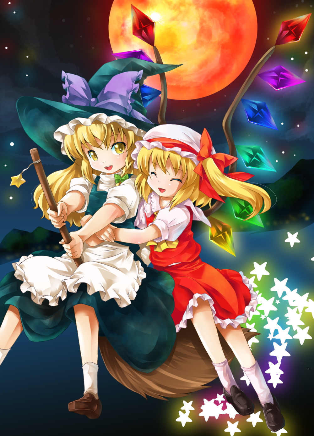 michii yuuki, flandre scarlet, kirisame marisa, touhou, bad id, bad pixiv id, highres, 2girls, blonde hair, closed eyes, female focus, full moon, gradient background, hat, moon, multiple girls, outdoors, skirt, sky, star (symbol), wings, witch, witch hat, yellow eyes