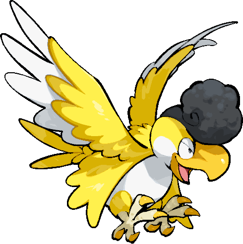 kawaanago, squawkabilly, squawkabilly (yellow), nintendo, pokemon, commentary request, lowres, animal focus, full body, no humans, open mouth, pokemon (creature), pokemon focus, solo, transparent background