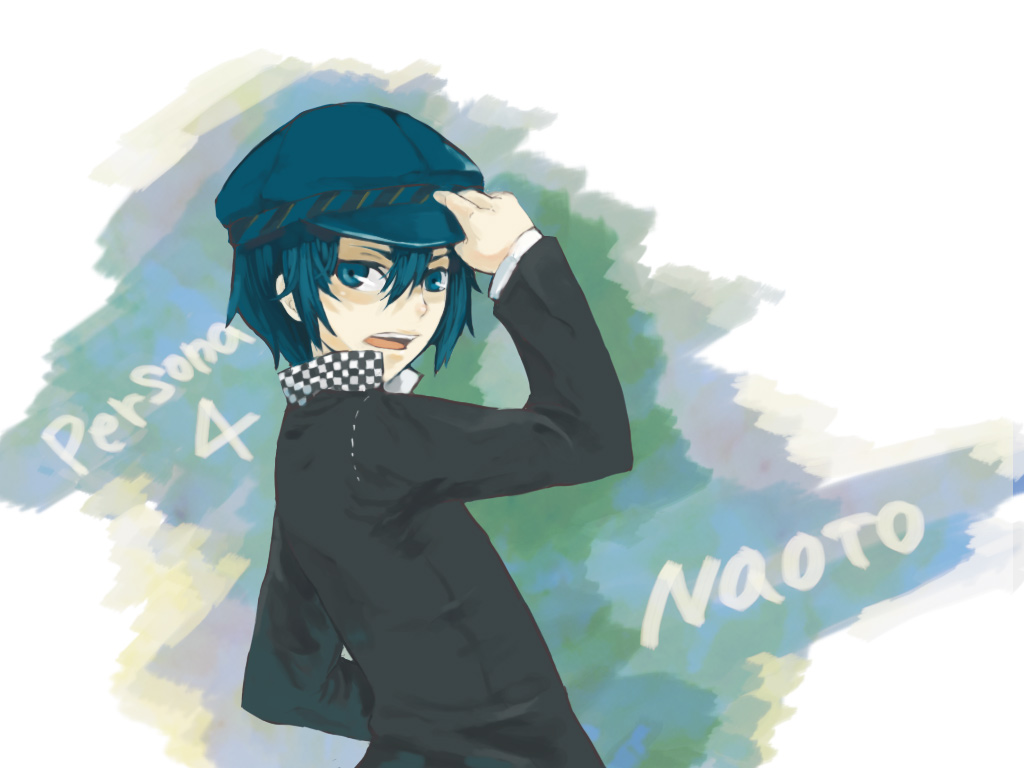 kaki p, p (artist), shirogane naoto, atlus, persona, persona 4, 1girl, androgynous, blue eyes, blue hair, female focus, hat, matching hair/eyes, newsboy cap, reverse trap, short hair, solo