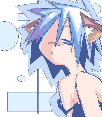 asami natsuhito, original, archived source, lowres, animal ear fluff, animal ears, anime coloring, bare shoulders, blue camisole, blue eyes, blue outline, blue theme, blush, camisole, clothes down, hair between eyes, half-closed eyes, jaggy lines, long bangs, looking at viewer, one-eyed, outline, parted lips, short hair, simple background, thick outlines, white background