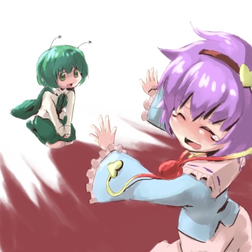 asa fuyu, hats260, mafuyu hemp, komeiji satori, wriggle nightbug, touhou, lowres, 2girls, antennae, blush, cape, closed eyes, female focus, green eyes, green hair, hairband, heart, multiple girls, purple hair, seiza, short hair, sitting, smile, tears