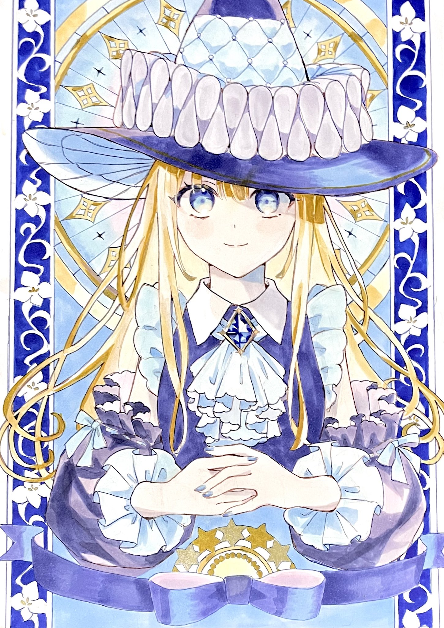 minagi 379, witch (puyopuyo), puyopuyo, commentary, highres, traditional media, 1girl, alternate costume, ascot, blonde hair, blue eyes, blue hat, blue nails, blue ribbon, blue shirt, blue sleeves, closed mouth, collared shirt, detached sleeves, flower, frills, hat, long hair, looking at viewer, nail polish, own hands together, puffy sleeves, ribbon, shirt, six pointed star, sleeveless, sleeveless shirt, smile, solo, star (symbol), upper body, white ascot, white flower, witch, witch hat