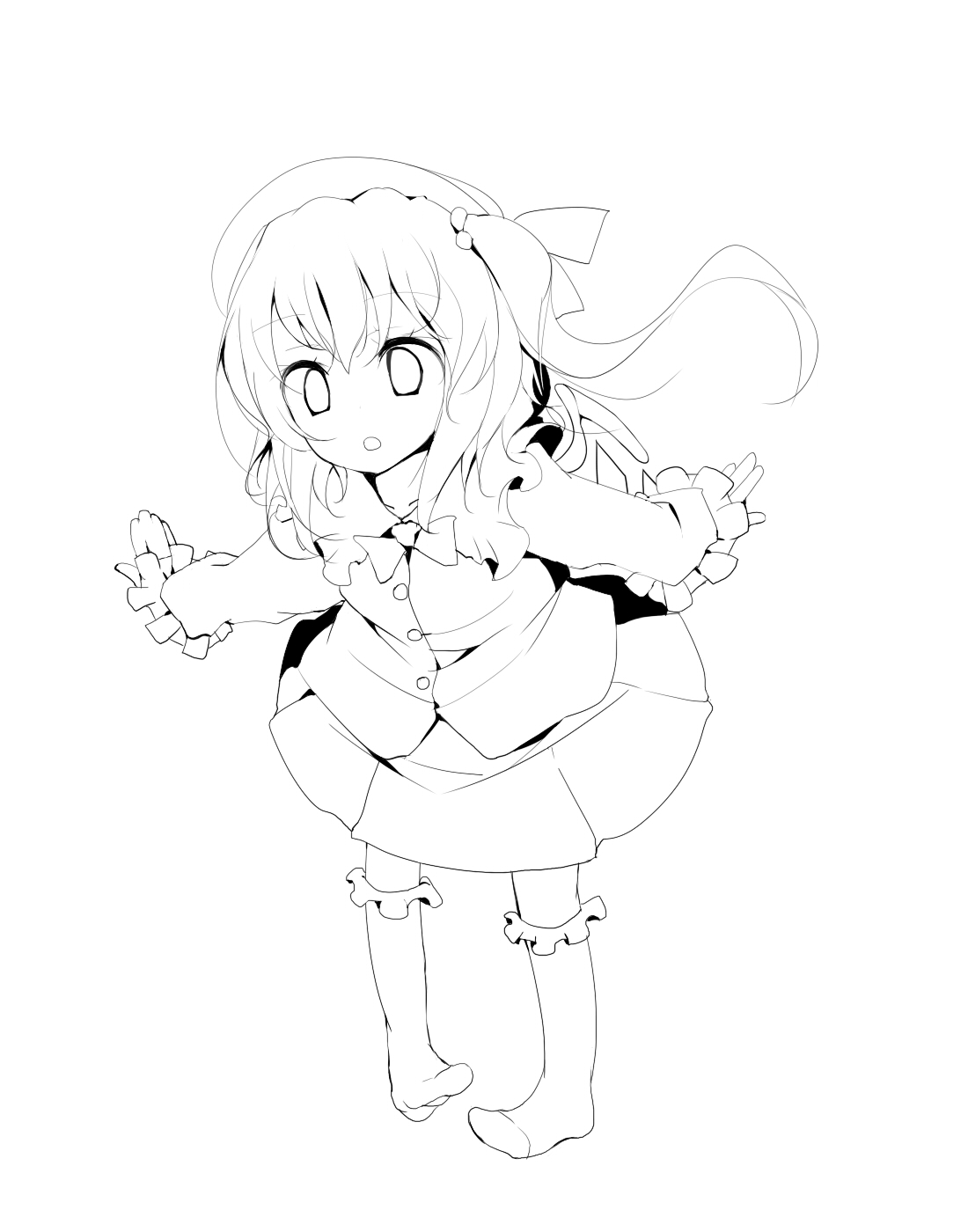 oouso, flandre scarlet, touhou, bad id, bad pixiv id, highres, 1girl, :o, feet, female focus, full body, greyscale, hat, monochrome, one side up, short hair, simple background, skirt, socks, solo, white background