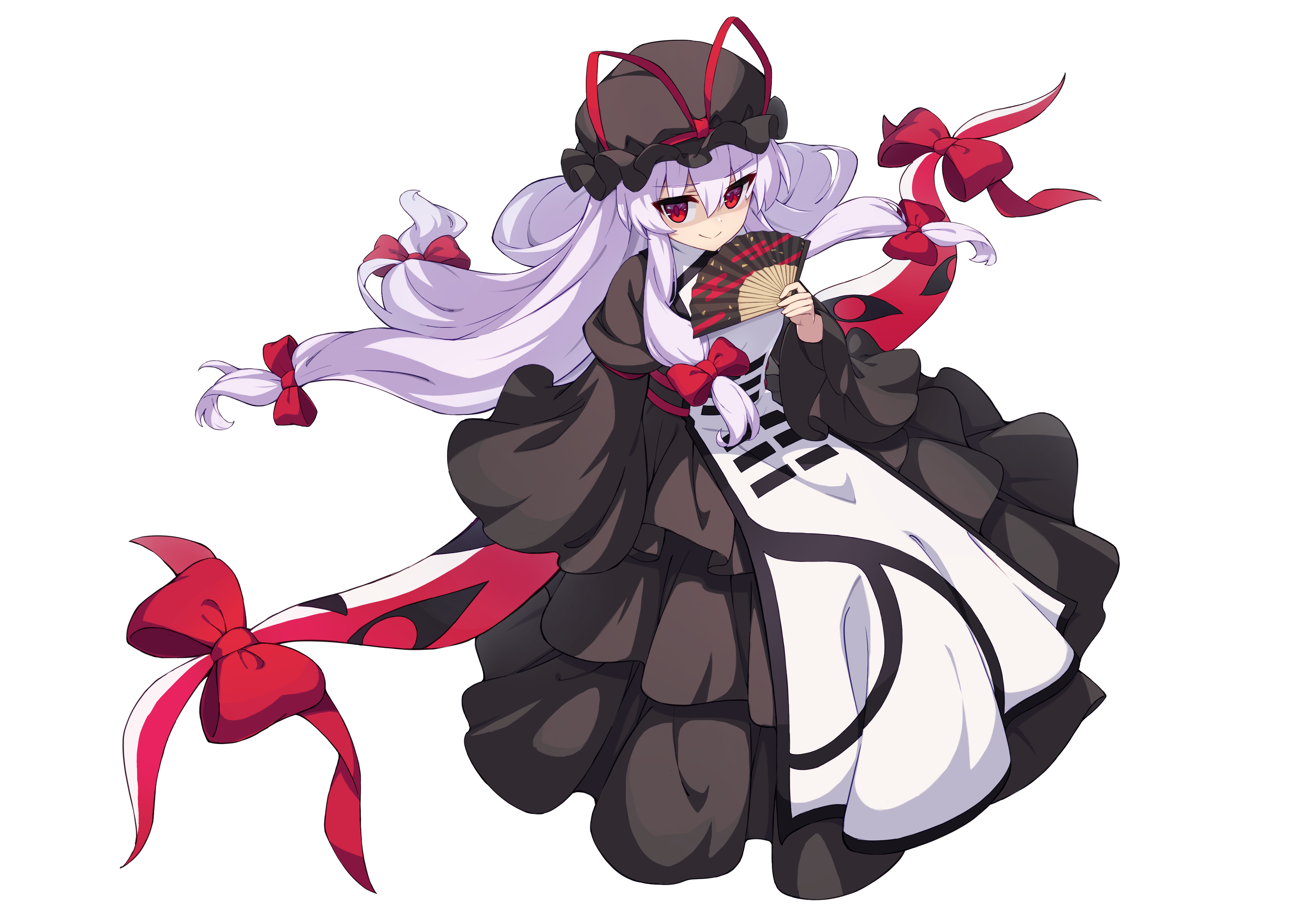 hiyaya (kochi michikaze), yakumo yukari, touhou, absurdres, commentary request, highres, 1girl, alternate color, black dress, black hat, bow, closed mouth, dress, full body, gap (touhou), hair between eyes, hand fan, hat, hat ribbon, holding, holding fan, long hair, long sleeves, looking at viewer, mob cap, purple hair, red bow, red eyes, red ribbon, ribbon, simple background, smile, solo, tabard, transparent background, white tabard, wide sleeves