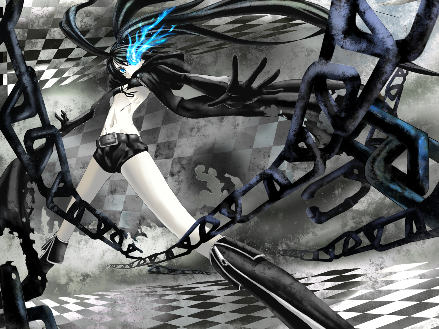 run p (aveton), black rock shooter (character), black rock shooter, vocaloid, bad id, bad pixiv id, 10s, 1girl, belt, bikini, bikini top only, black hair, blue eyes, boots, chain, female focus, flat chest, gloves, glowing, glowing eyes, midriff, navel, scar, shorts, solo, swimsuit, twintails