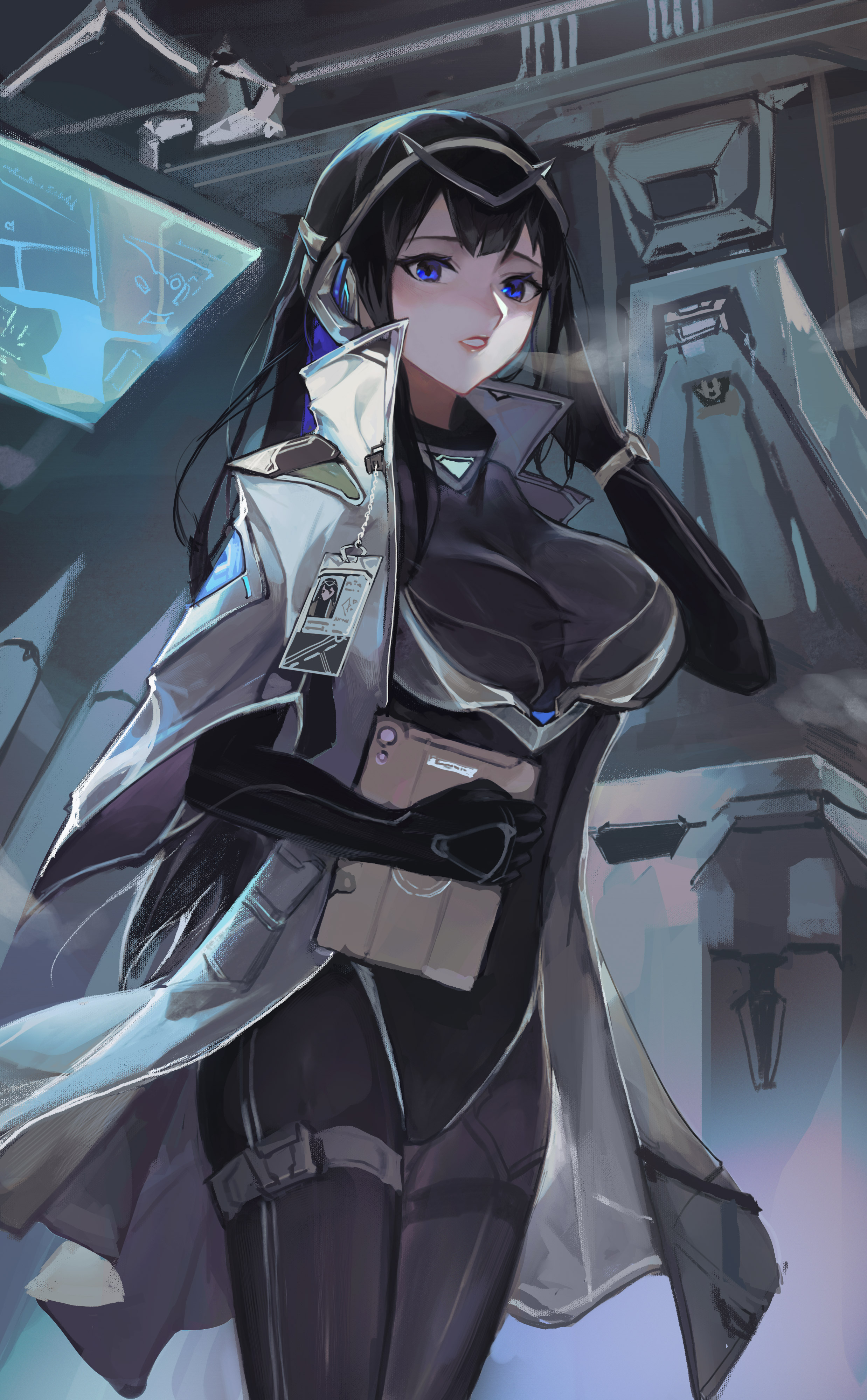 youlan, original, absurdres, chinese commentary, commentary request, highres, 1girl, black bodysuit, black hair, blue eyes, bodysuit, breasts, coat, gloves, hand in own hair, high collar, holding, holding tablet pc, holographic monitor, indoors, lab coat, large breasts, long hair, looking at viewer, open clothes, open coat, parted lips, science fiction, tablet pc